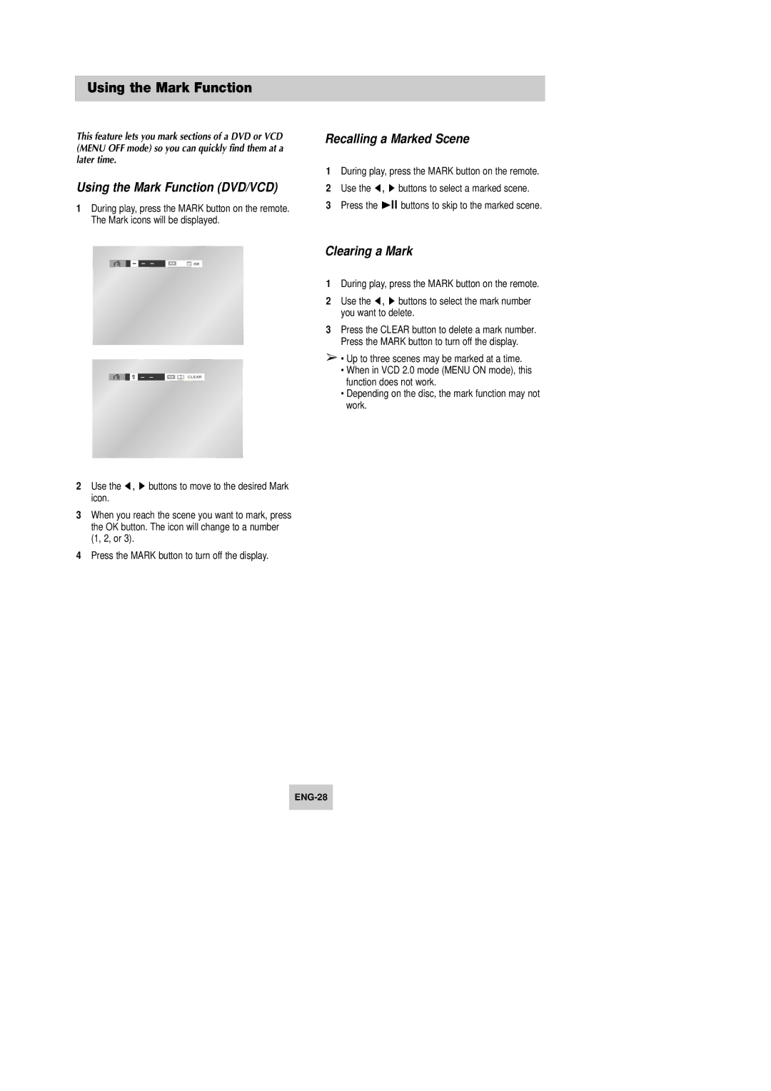 Samsung DVD-V642K, DVD-V645K Using the Mark Function DVD/VCD, Recalling a Marked Scene, Clearing a Mark 