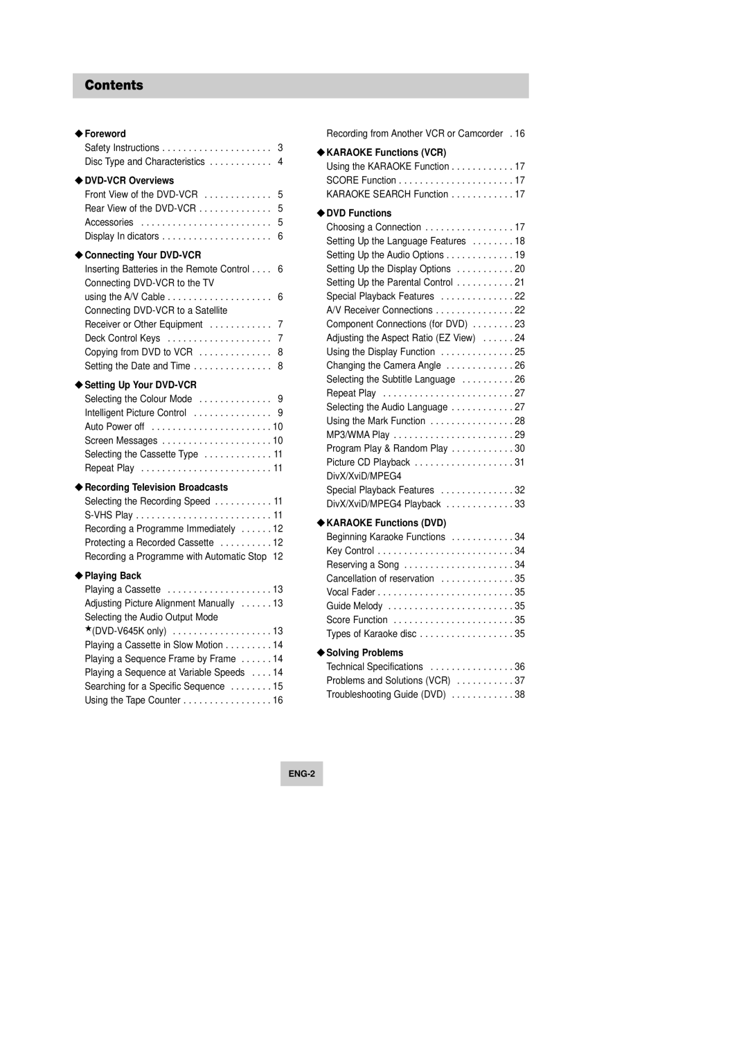 Samsung DVD-V642K, DVD-V645K instruction manual Contents 