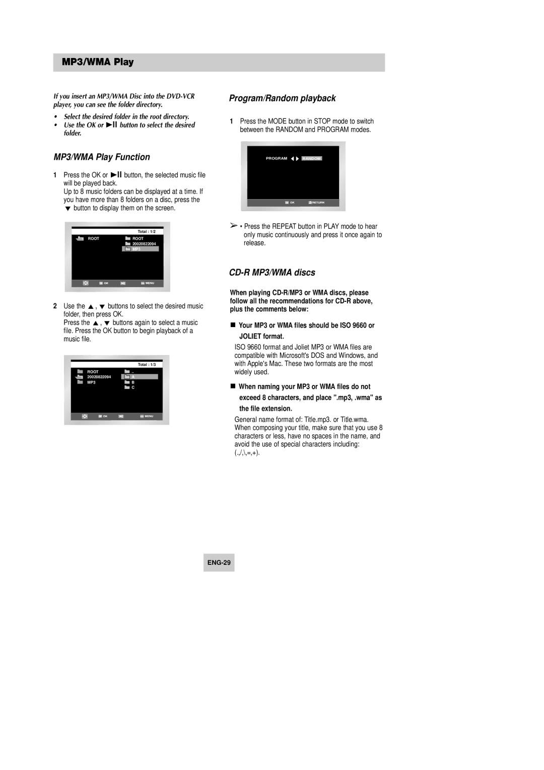 Samsung DVD-V645K, DVD-V642K instruction manual MP3/WMA Play Function, Program/Random playback, CD-R MP3/WMA discs 