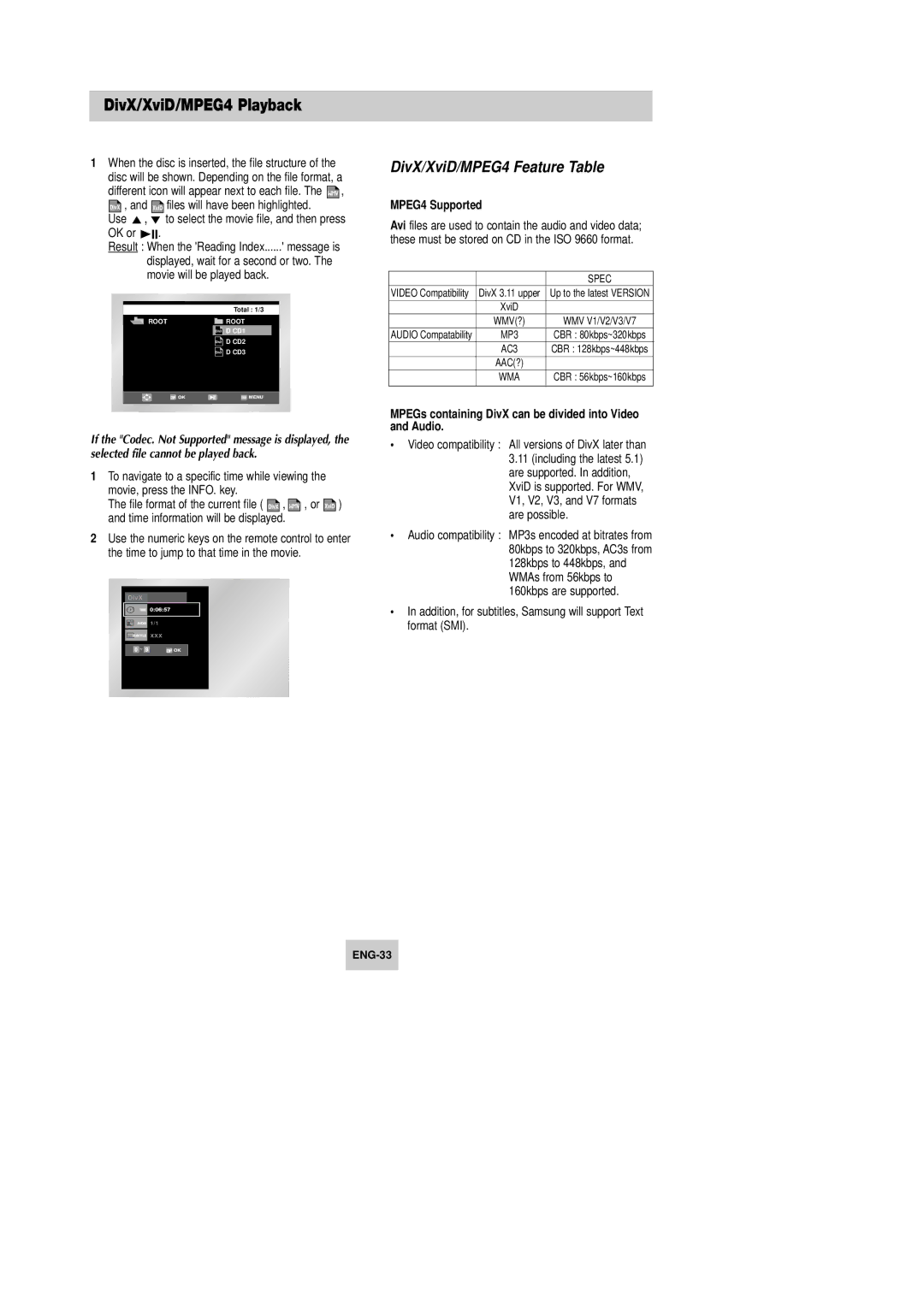 Samsung DVD-V645K, DVD-V642K instruction manual DivX/XviD/MPEG4 Playback, DivX/XviD/MPEG4 Feature Table, MPEG4 Supported 