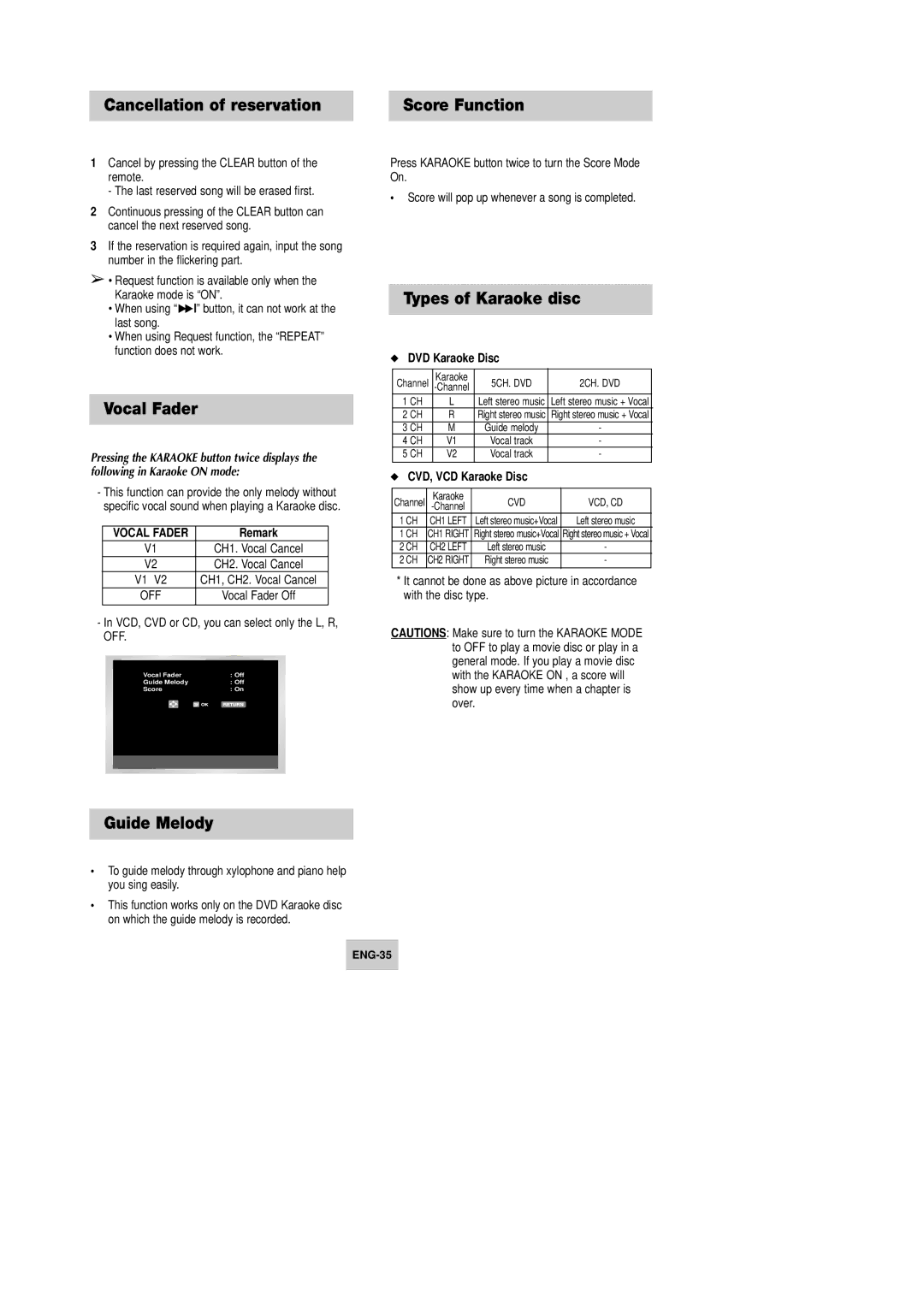 Samsung DVD-V645K, DVD-V642K Cancellation of reservation, Vocal Fader, Guide Melody, Types of Karaoke disc, Score Function 