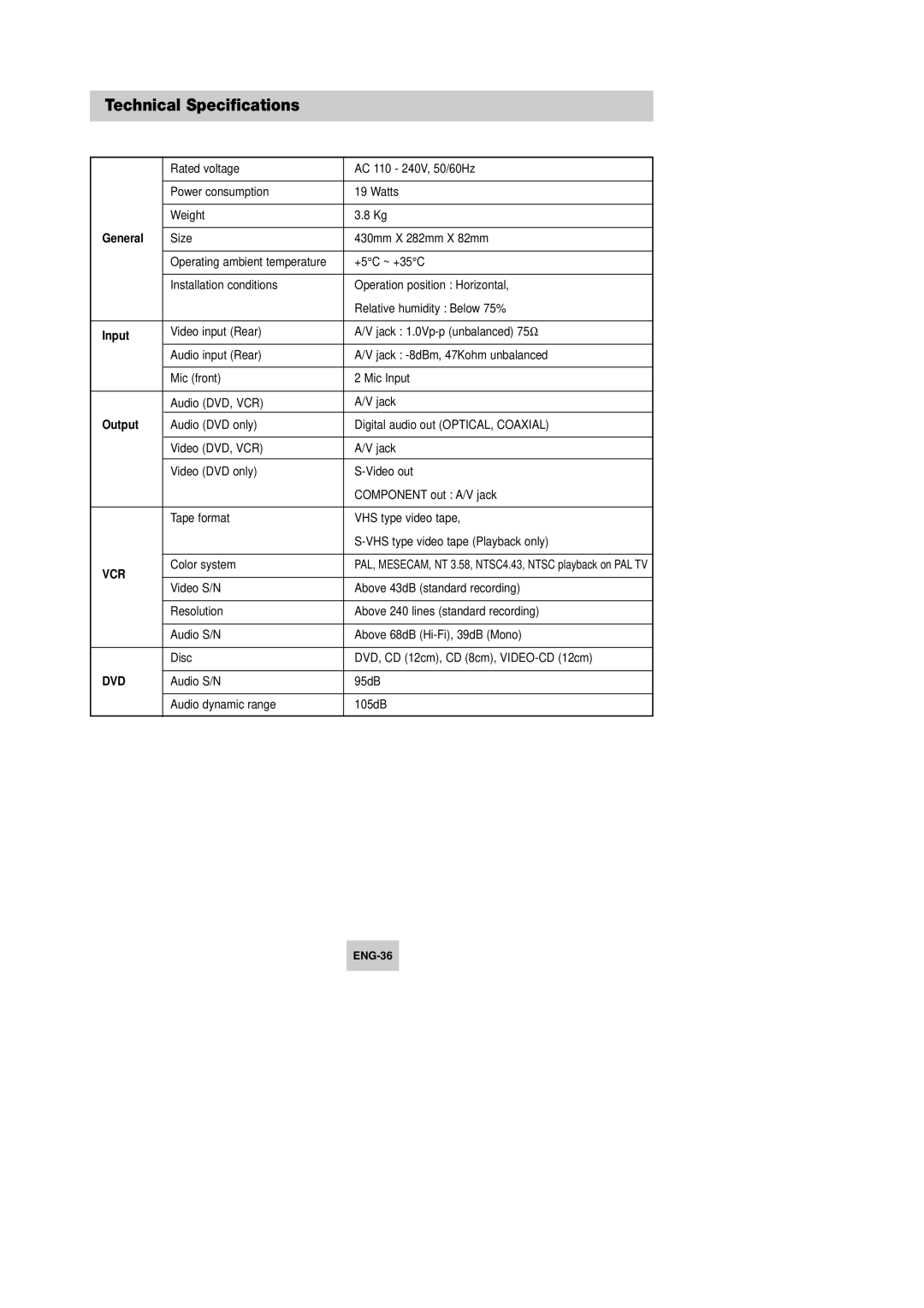 Samsung DVD-V642K, DVD-V645K instruction manual Technical Specifications, General, Input, Output 