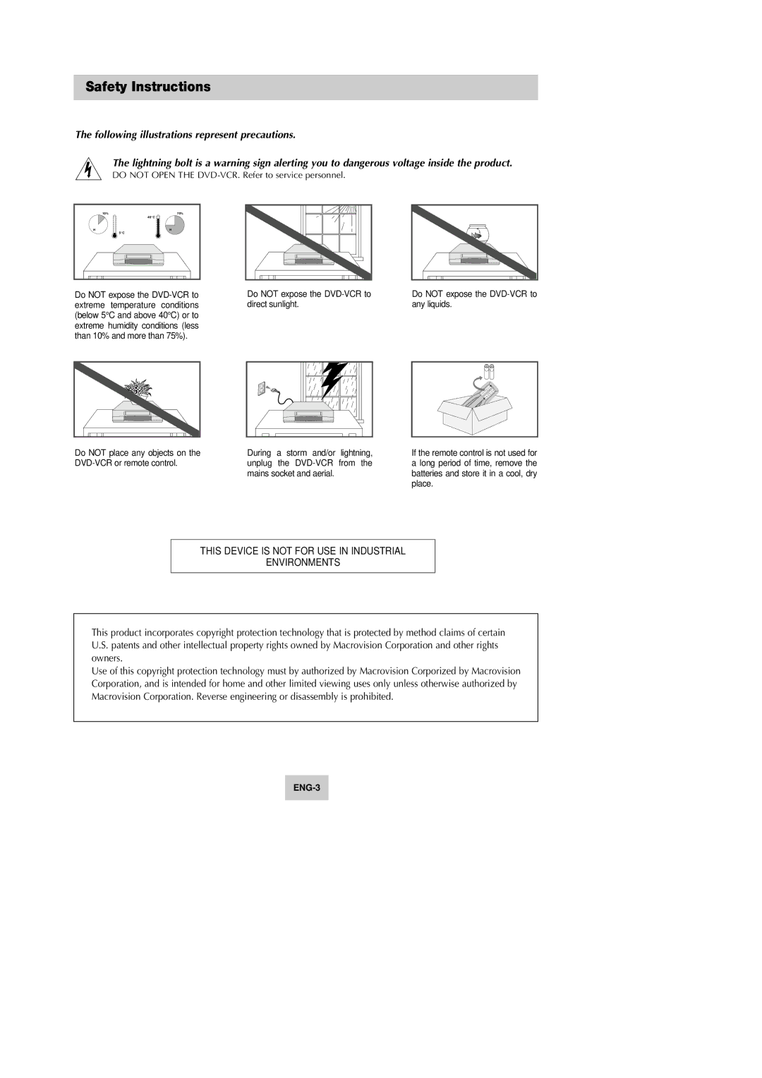 Samsung DVD-V645K, DVD-V642K instruction manual Safety Instructions, Following illustrations represent precautions 