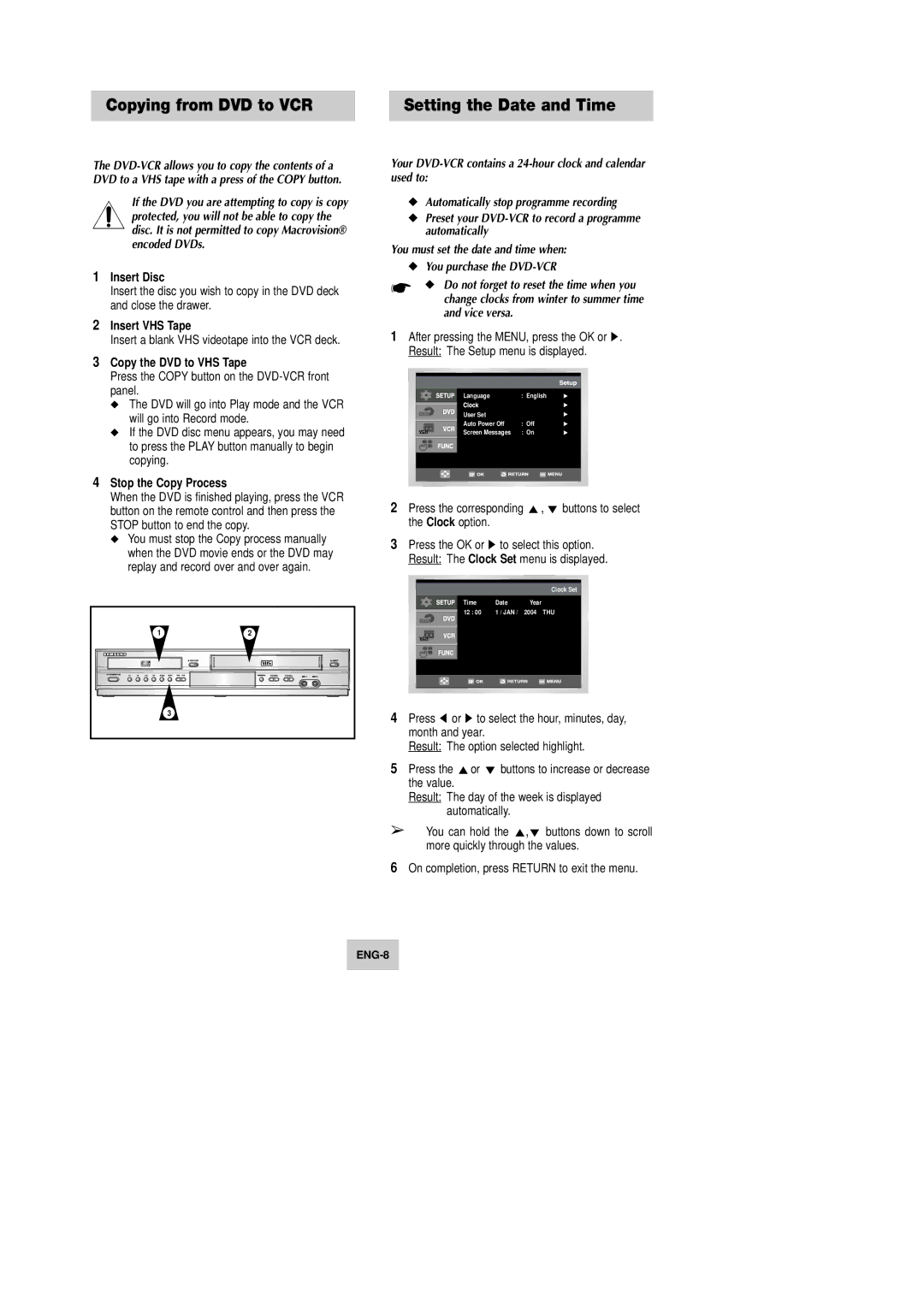 Samsung DVD-V642K Copying from DVD to VCR, Insert Disc, Insert VHS Tape, Copy the DVD to VHS Tape, Stop the Copy Process 