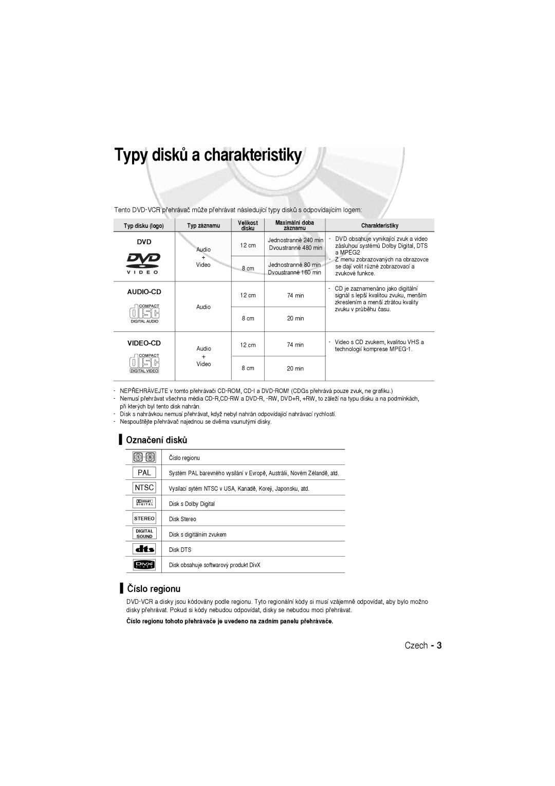 Samsung DVD-V5600, DVD-V6600 user manual Typy diskÛ a charakteristiky, Oznaãení diskÛ, Âíslo regionu, Video-Cd 