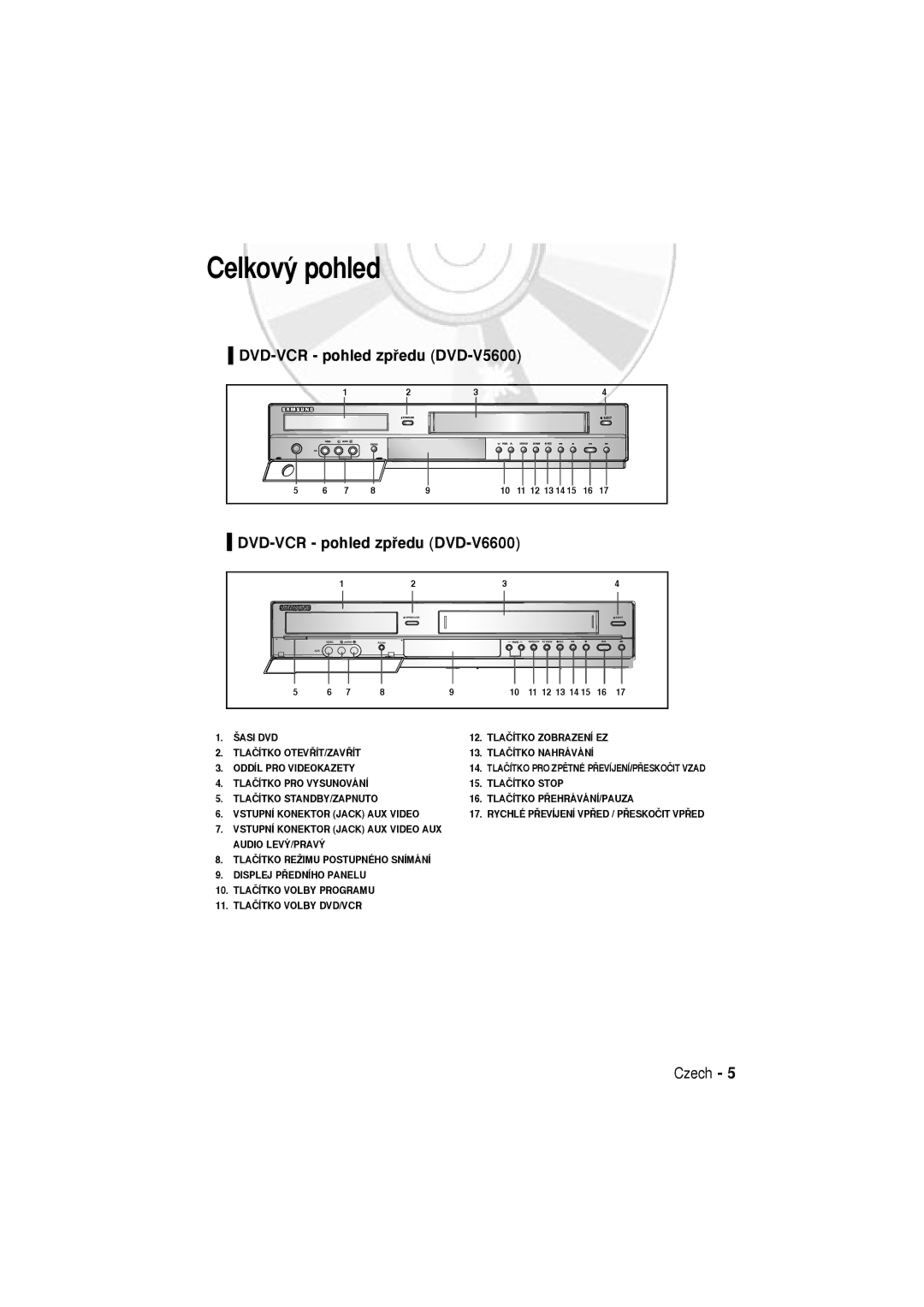 Samsung user manual Celkov˘ pohled, DVD-VCR pohled zpﬁedu DVD-V5600, DVD-VCR pohled zpﬁedu DVD-V6600 