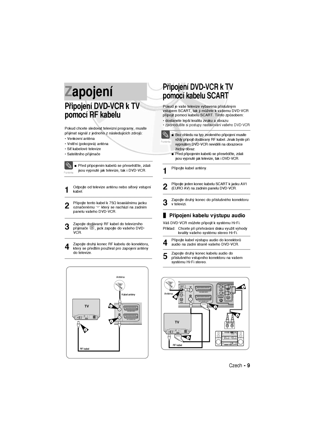 Samsung DVD-V5600, DVD-V6600 user manual Pﬁipojení DVD-VCR k TV pomocí RF kabelu, Pﬁipojení kabelu v˘stupu audio 