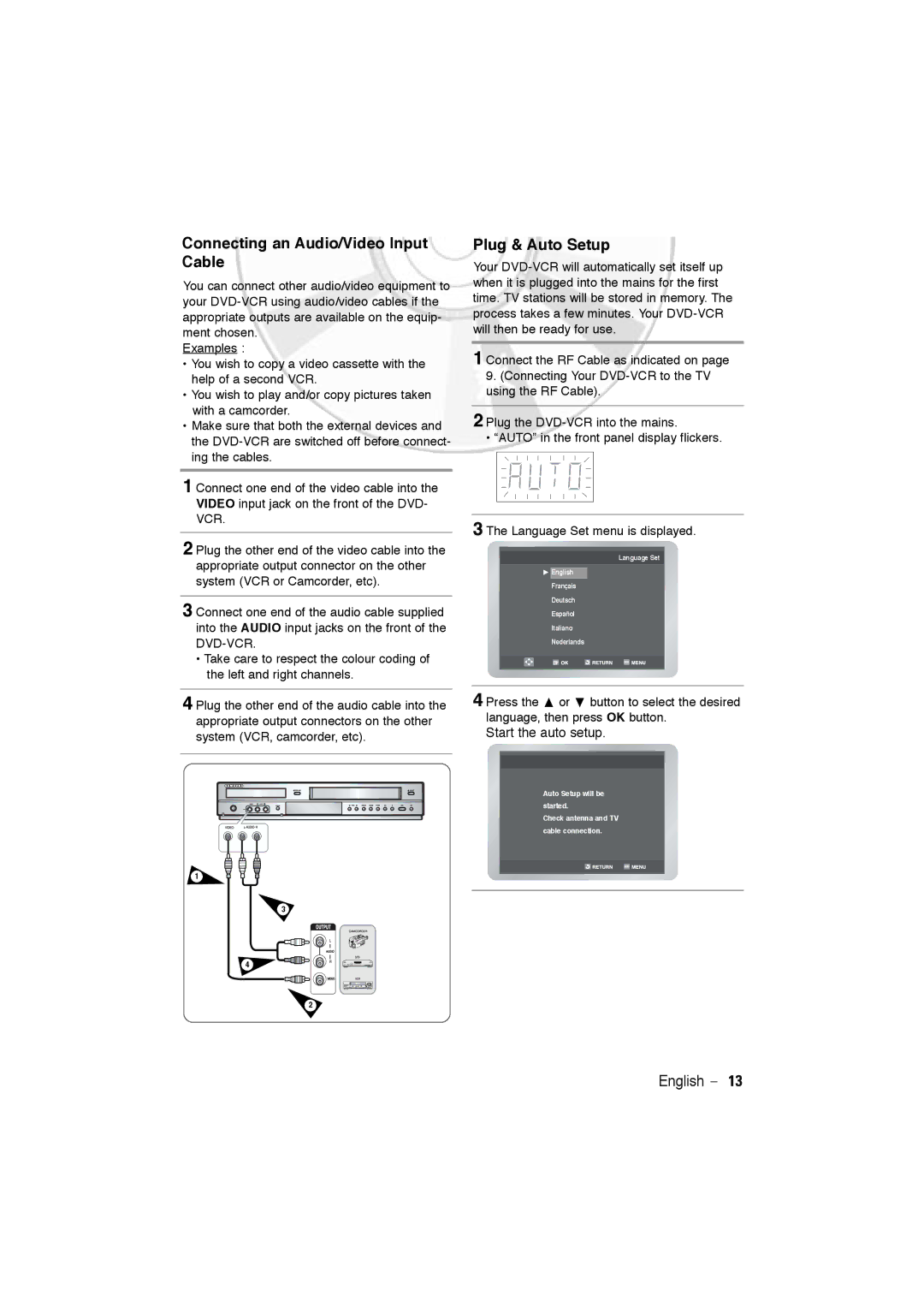 Samsung DVD-V5600, DVD-V6600 user manual Connecting an Audio/Video Input Cable, Plug & Auto Setup 