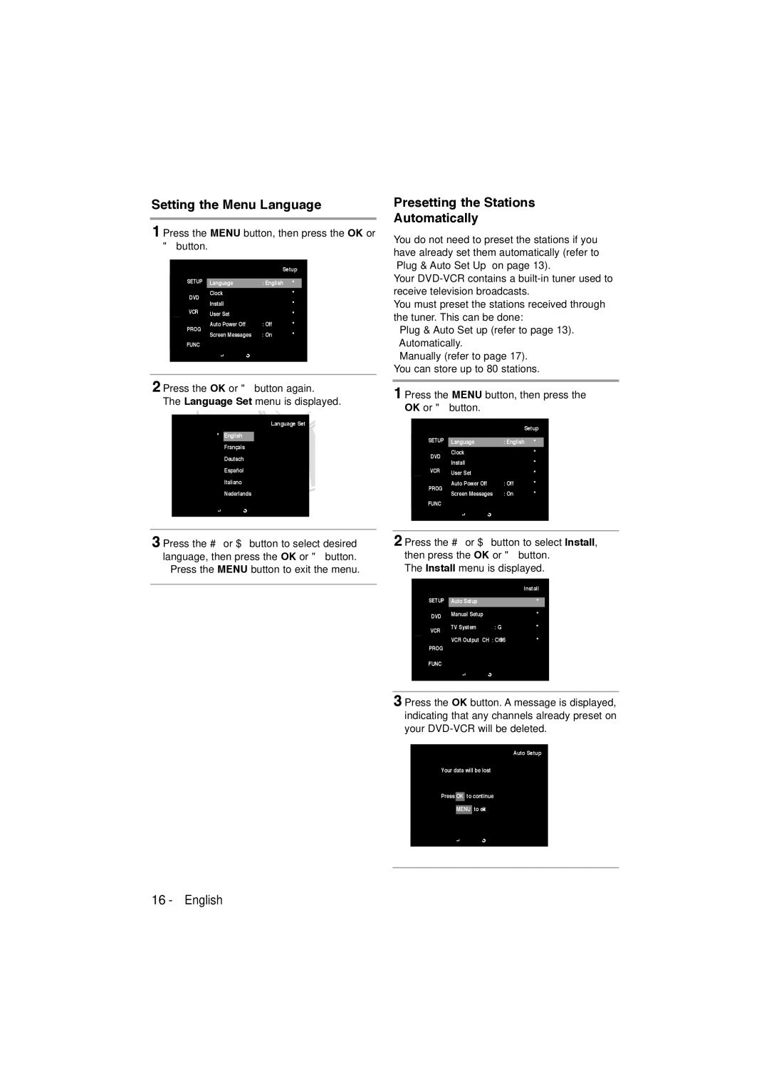 Samsung DVD-V6600, DVD-V5600 user manual Setting the Menu Language, Presetting the Stations Automatically 