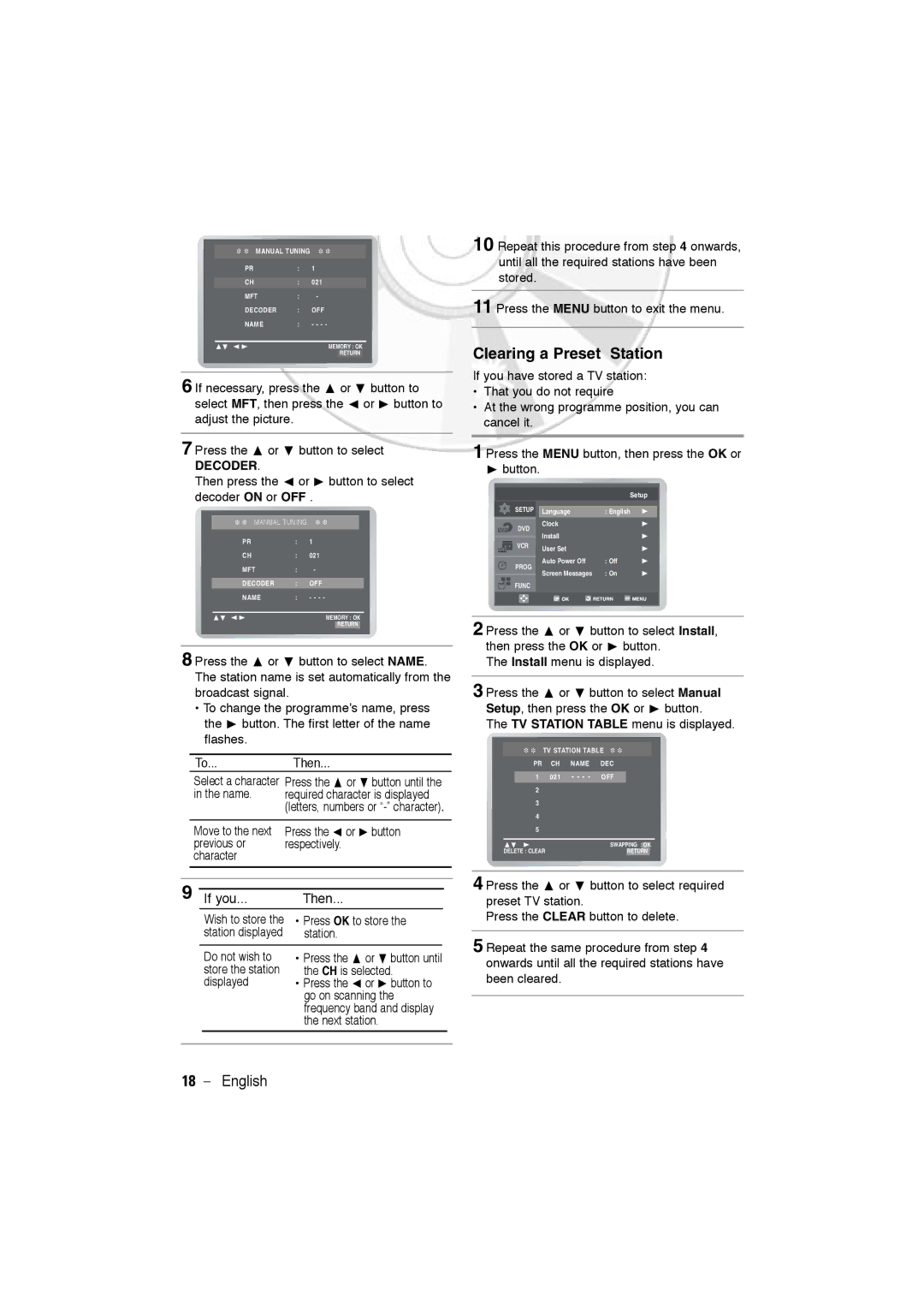 Samsung DVD-V6600, DVD-V5600 user manual Clearing a Preset Station, Decoder 