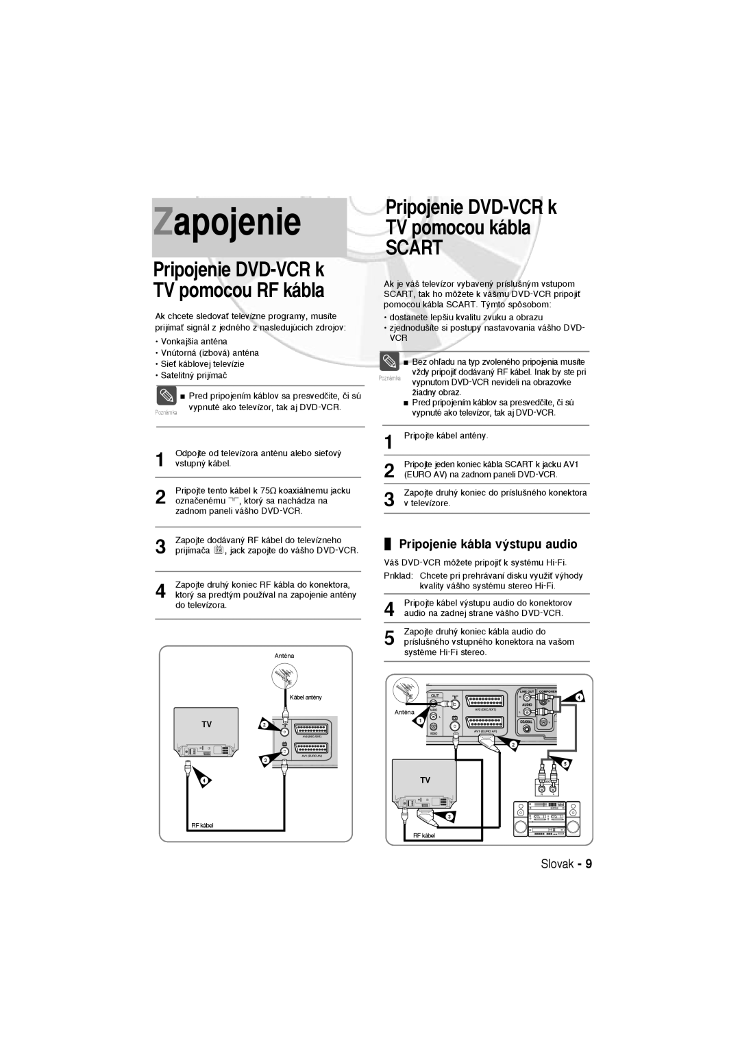 Samsung DVD-V6600, DVD-V5600 user manual Pripojenie DVD-VCR k TV pomocou kábla, Pripojenie DVD-VCR k TV pomocou RF kábla 