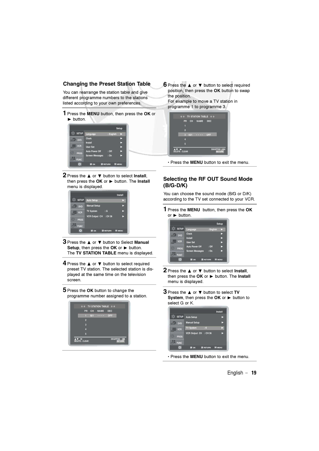 Samsung DVD-V5600, DVD-V6600 user manual Changing the Preset Station Table, Selecting the RF OUT Sound Mode B/G-D/K 