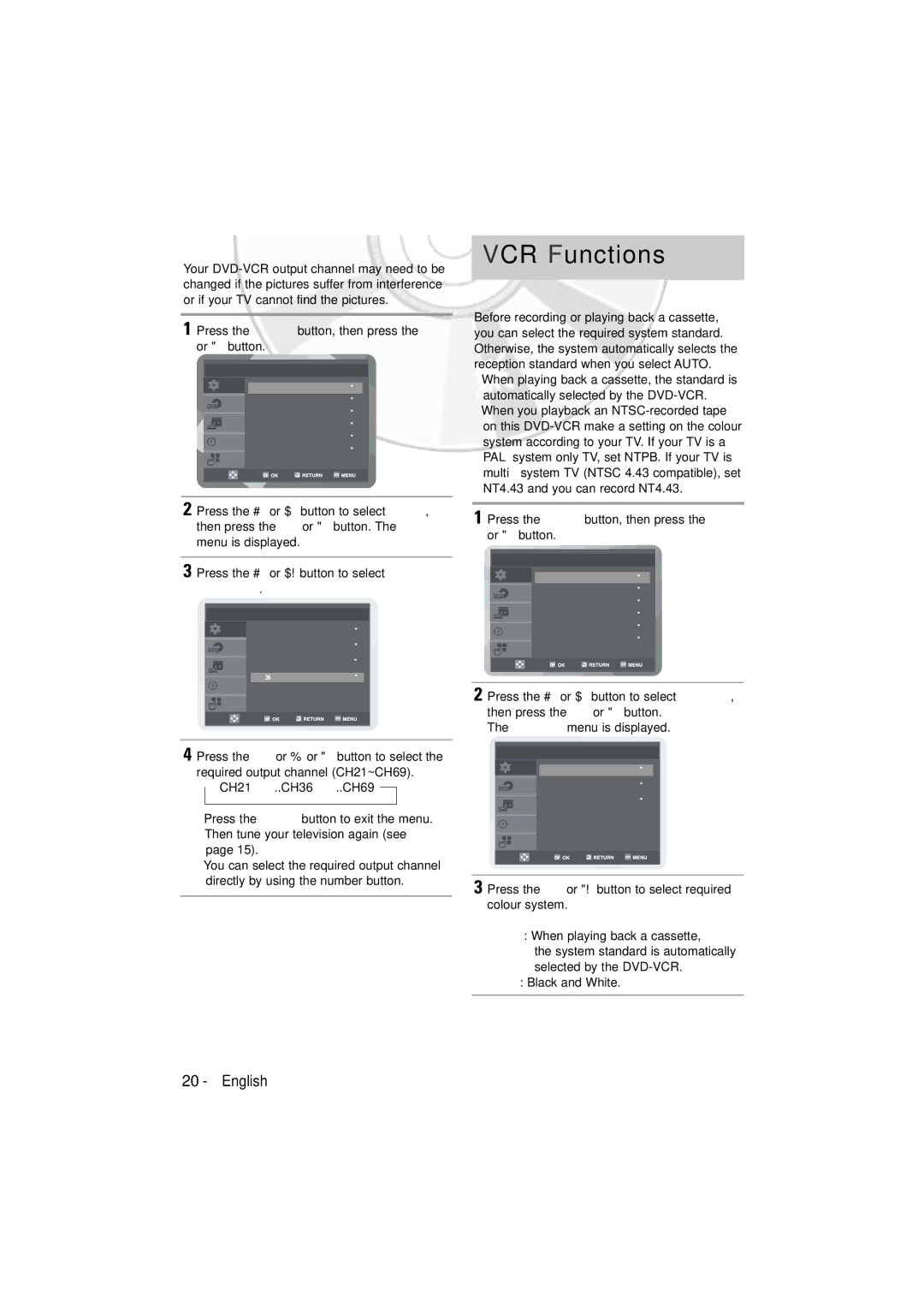 Samsung DVD-V6600, DVD-V5600 user manual Setting the VCR Output Channel, Selecting the Colour Mode, Output CH 