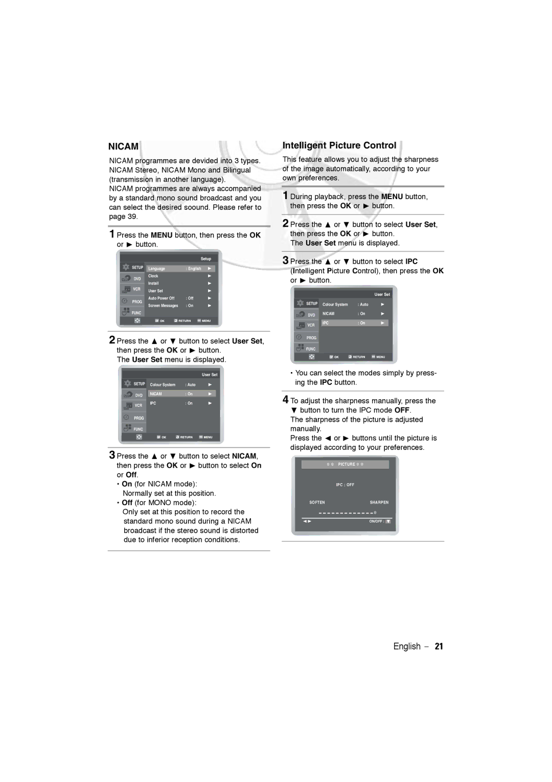 Samsung DVD-V5600, DVD-V6600 user manual Nicam, Intelligent Picture Control 