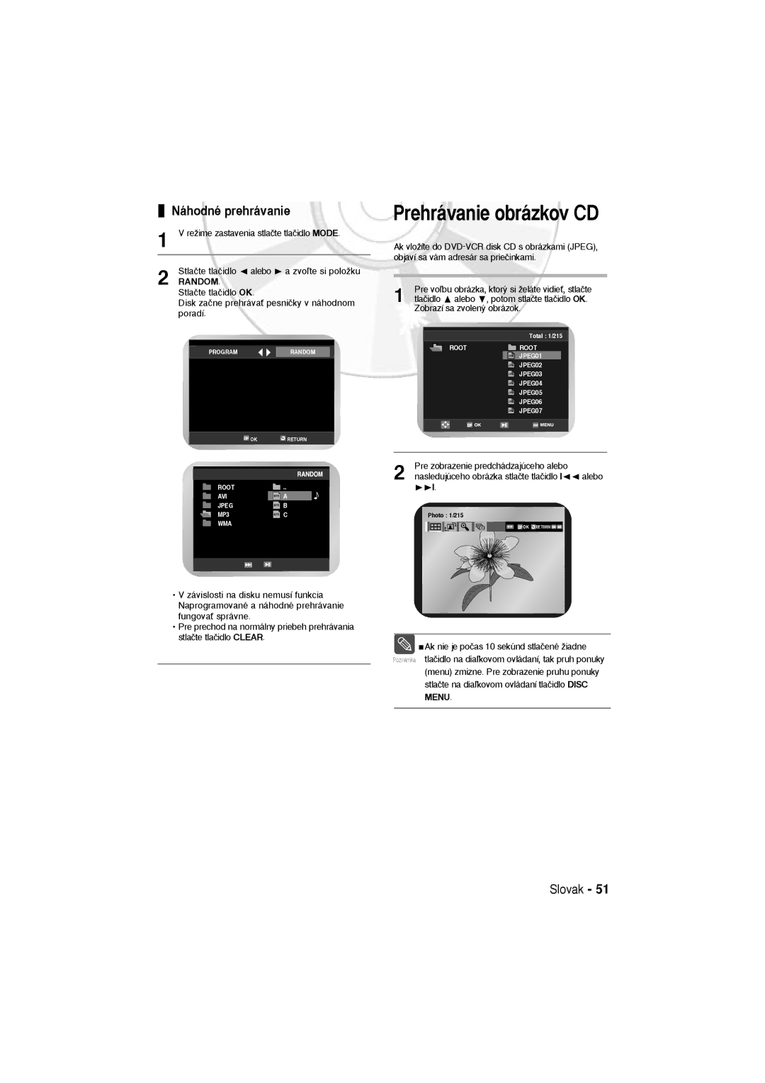 Samsung DVD-V6600, DVD-V5600 user manual Prehrávanie obrázkov CD, Náhodné prehrávanie, Zobrazí sa zvolen˘ obrázok 