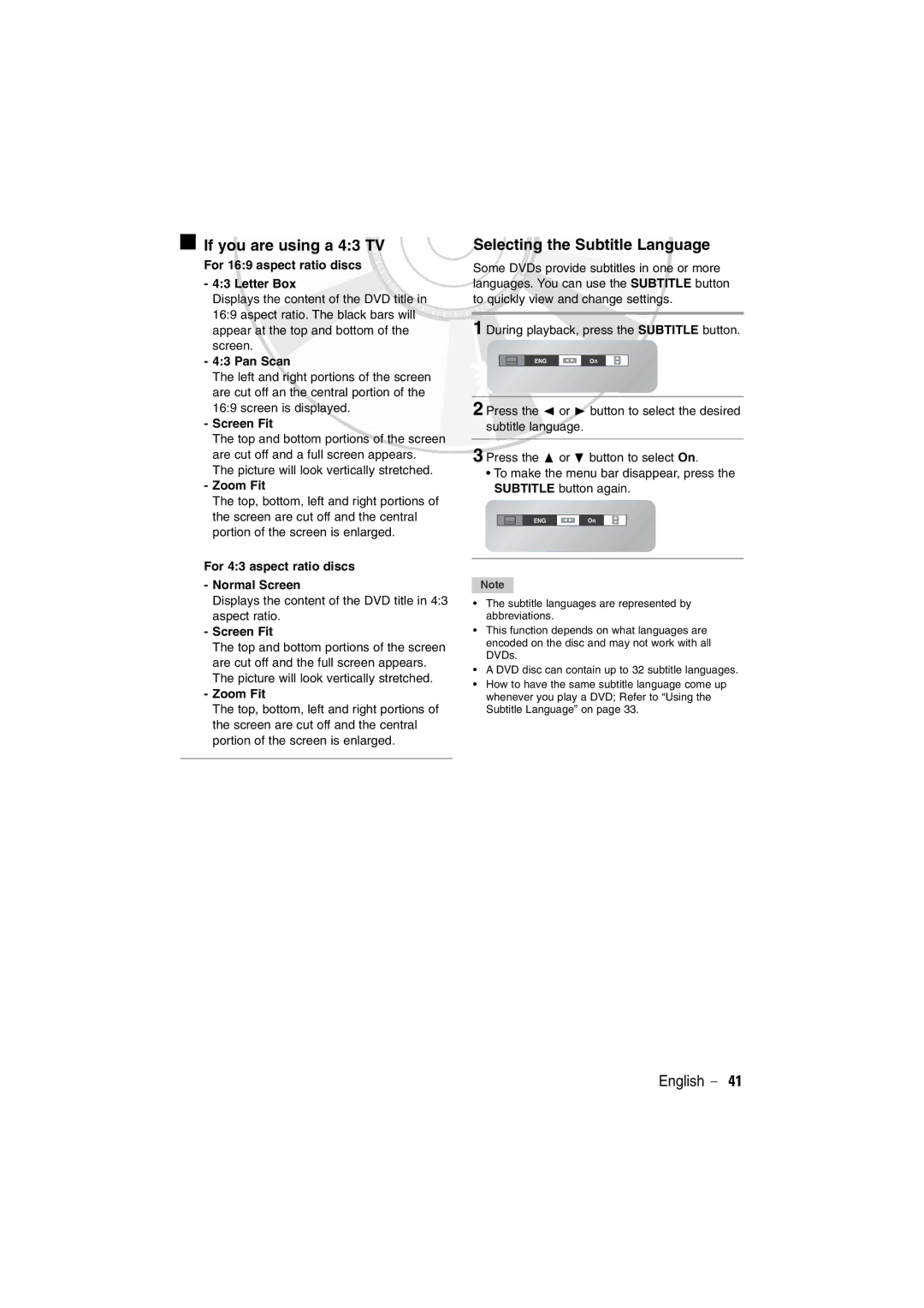 Samsung DVD-V5600 If you are using a 43 TV, Selecting the Subtitle Language, For 169 aspect ratio discs Letter Box 