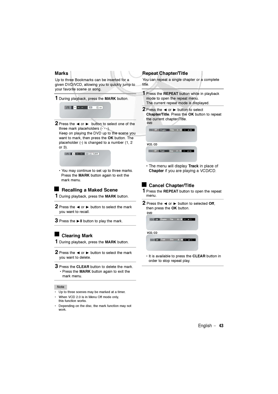 Samsung DVD-V5600, DVD-V6600 Marks, Recalling a Maked Scene, Clearing Mark, Repeat Chapter/Title, Cancel Chapter/Title 