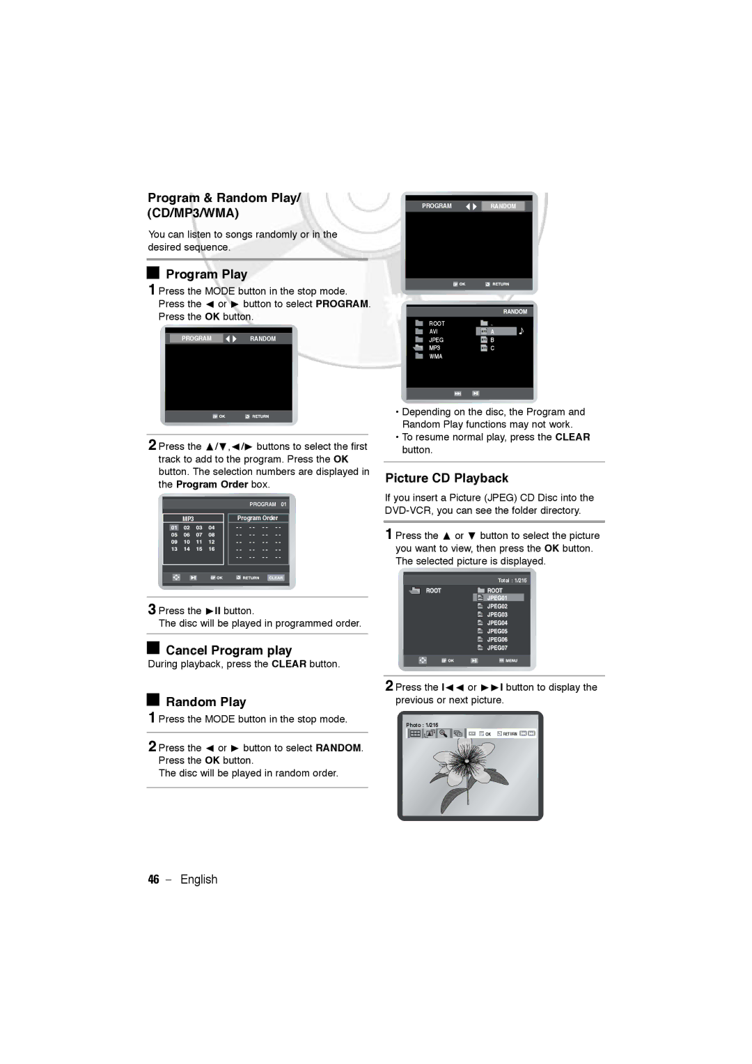 Samsung DVD-V6600, DVD-V5600 Program & Random Play/ CD/MP3/WMA, Program Play, Cancel Program play, Picture CD Playback 