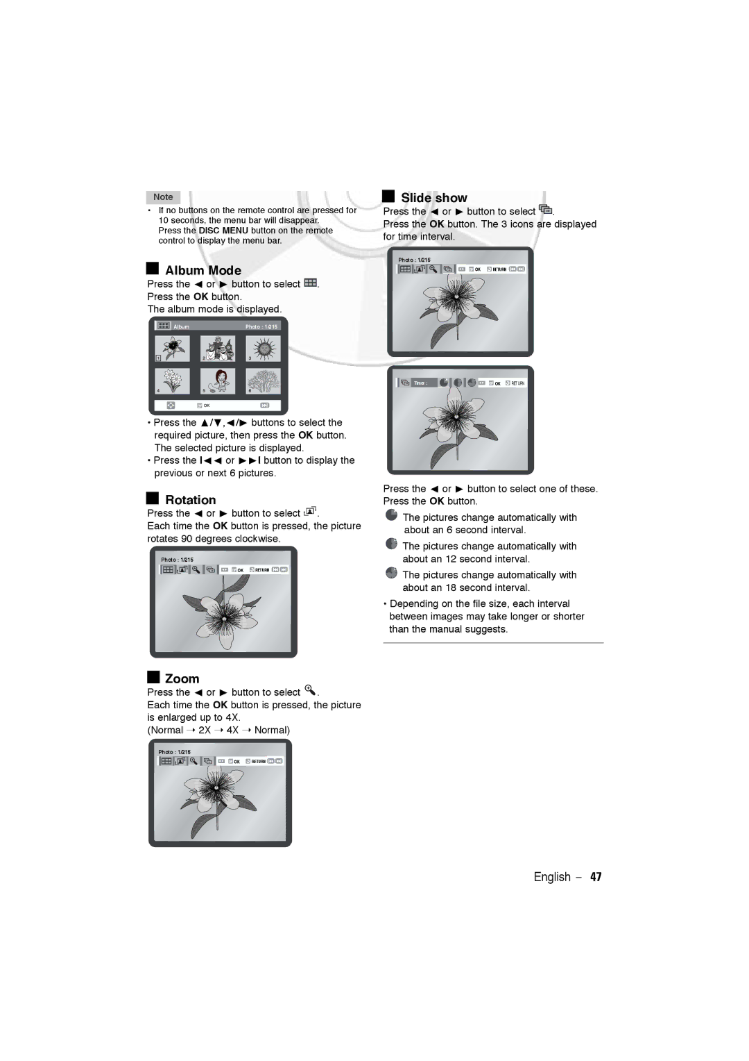 Samsung DVD-V5600, DVD-V6600 user manual Album Mode, Slide show, Rotation 