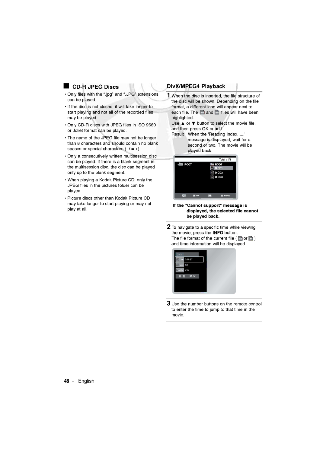 Samsung DVD-V6600, DVD-V5600 user manual CD-R Jpeg Discs, DivX/MPEG4 Playback 