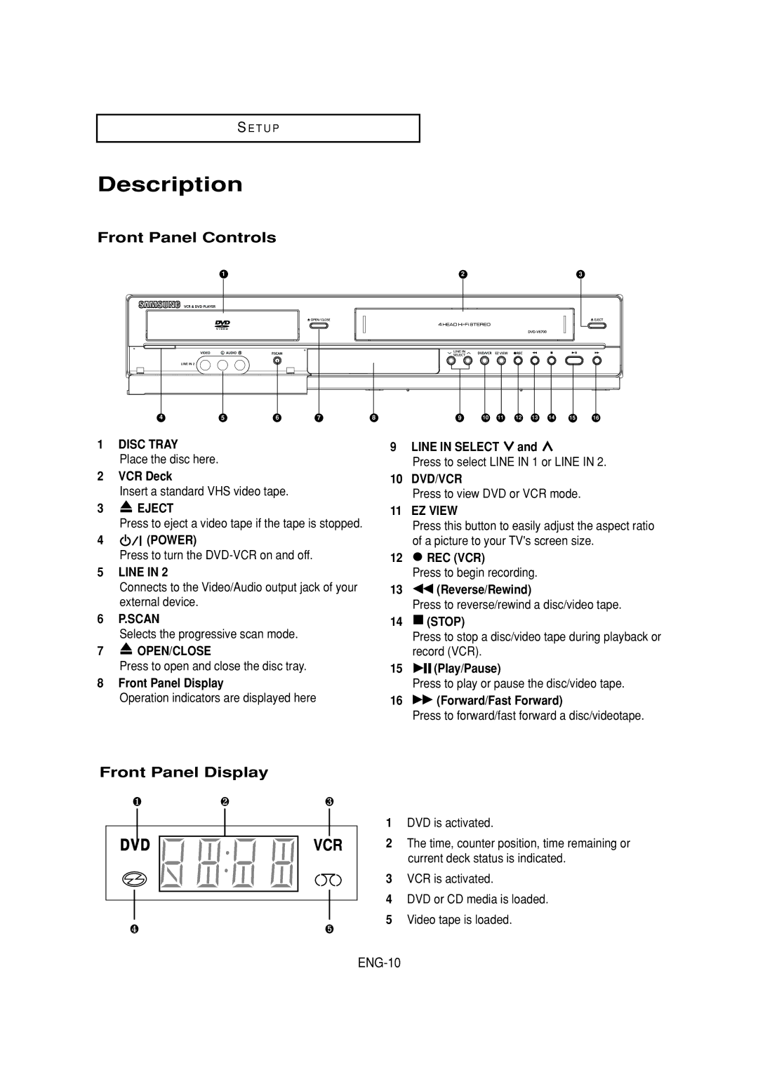 Samsung DVD-V6700 instruction manual Description, Front Panel Controls, Front Panel Display, ENG-10 