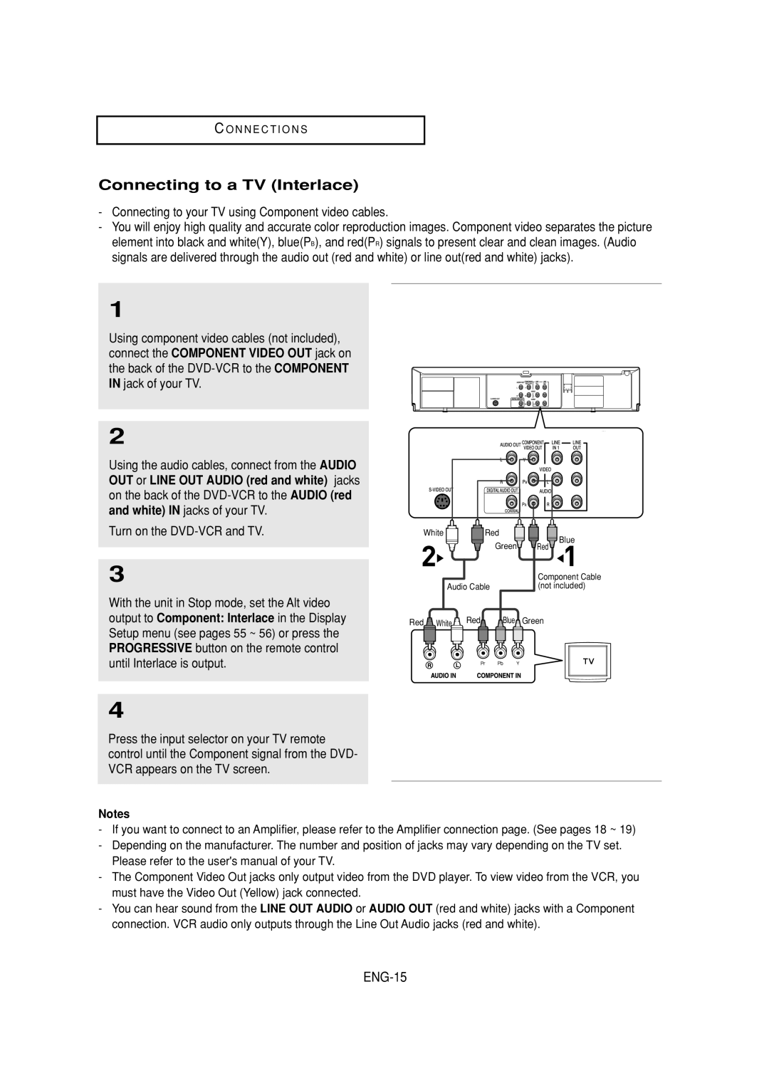 Samsung DVD-V6700 Connecting to a TV Interlace, ENG-15, Connecting to your TV using Component video cables 