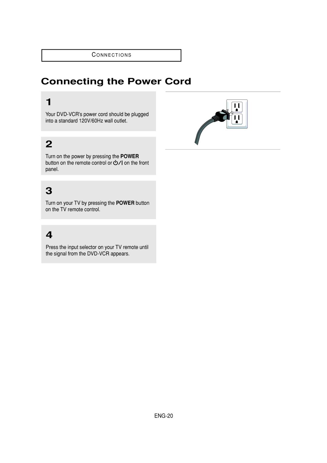 Samsung DVD-V6700 instruction manual Connecting the Power Cord, ENG-20 