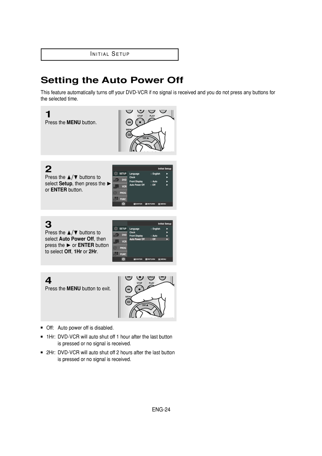 Samsung DVD-V6700 instruction manual Setting the Auto Power Off, ENG-24 