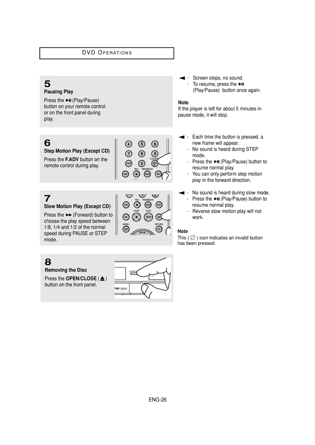 Samsung DVD-V6700 ENG-26, Pausing Play, Step Motion Play Except CD, Slow Motion Play Except CD, Removing the Disc 