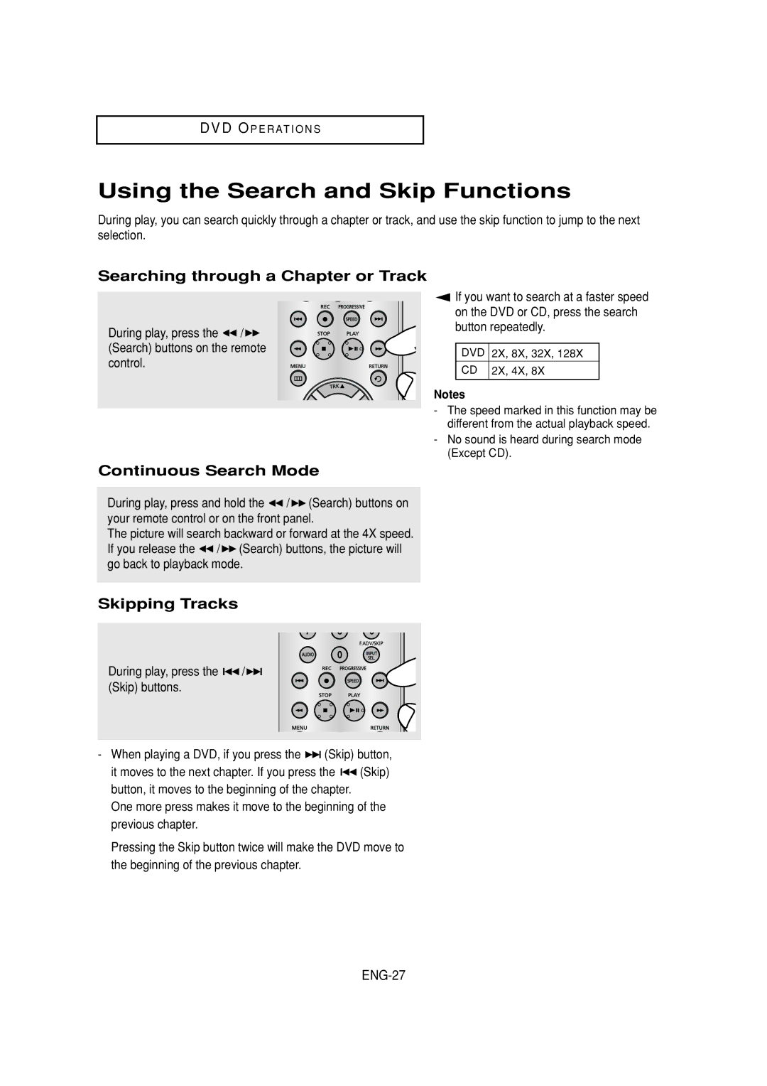 Samsung DVD-V6700 Using the Search and Skip Functions, Searching through a Chapter or Track, Continuous Search Mode 