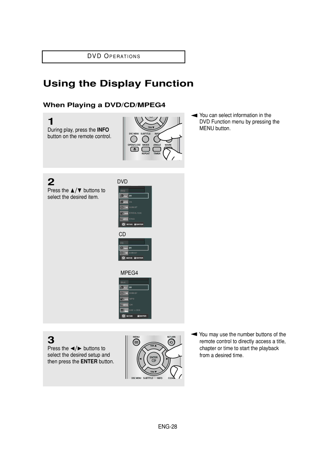 Samsung DVD-V6700 instruction manual Using the Display Function, When Playing a DVD/CD/MPEG4, ENG-28 