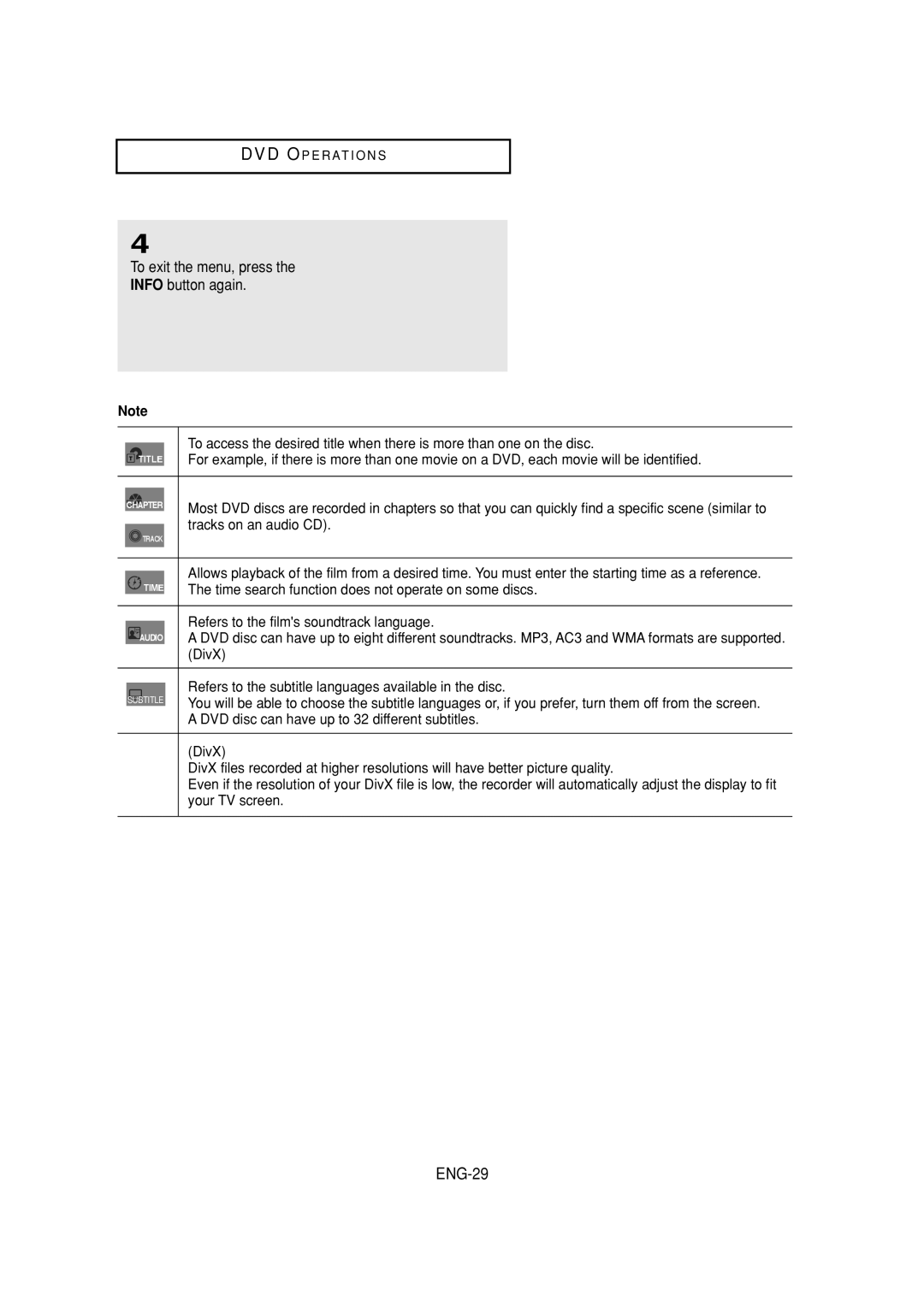 Samsung DVD-V6700 instruction manual ENG-29, To exit the menu, press Info button again 