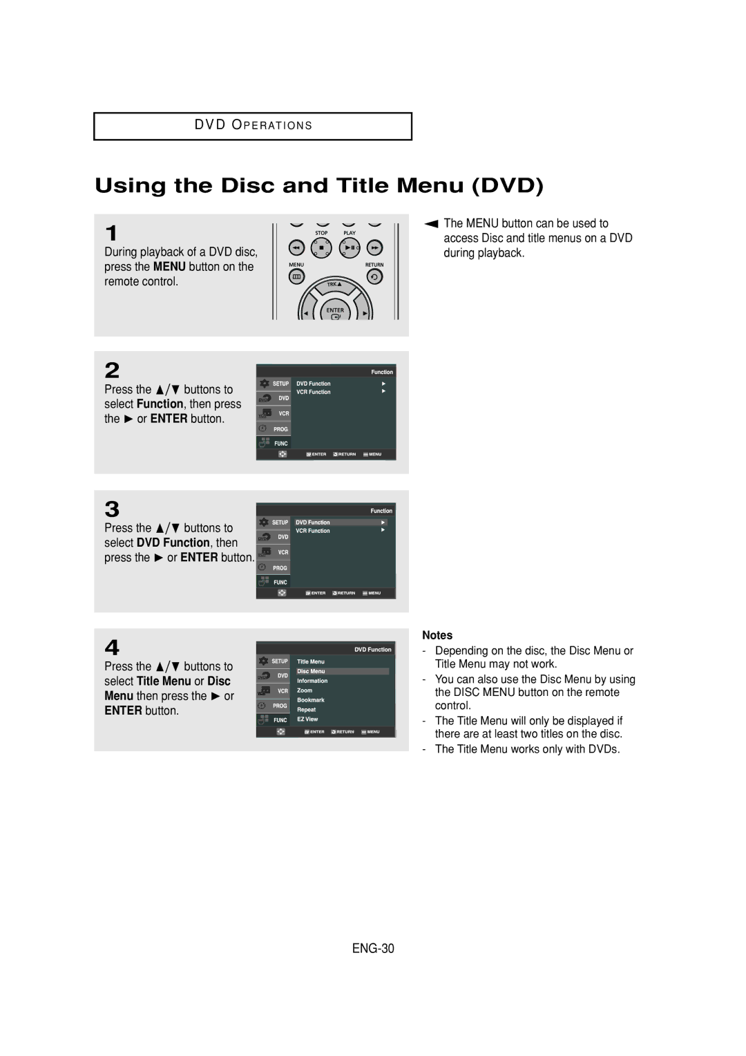 Samsung DVD-V6700 instruction manual Using the Disc and Title Menu DVD, ENG-30 