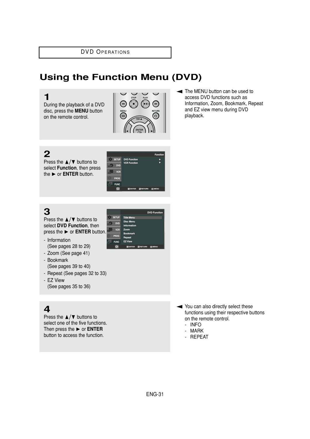 Samsung DVD-V6700 instruction manual Using the Function Menu DVD, ENG-31 