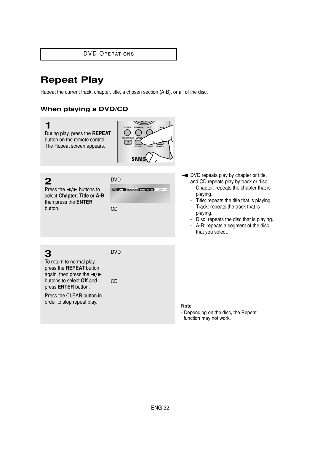 Samsung DVD-V6700 instruction manual Repeat Play, When playing a DVD/CD, ENG-32 