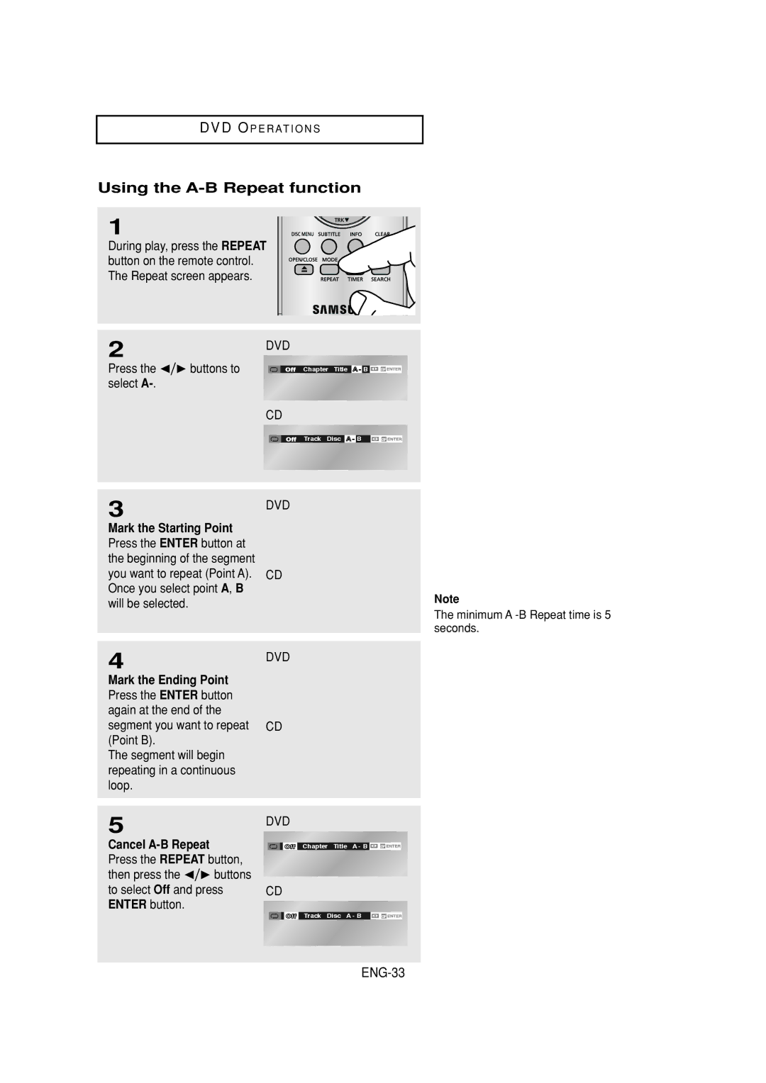 Samsung DVD-V6700 instruction manual Using the A-B Repeat function, ENG-33, Press the  buttons to select a 