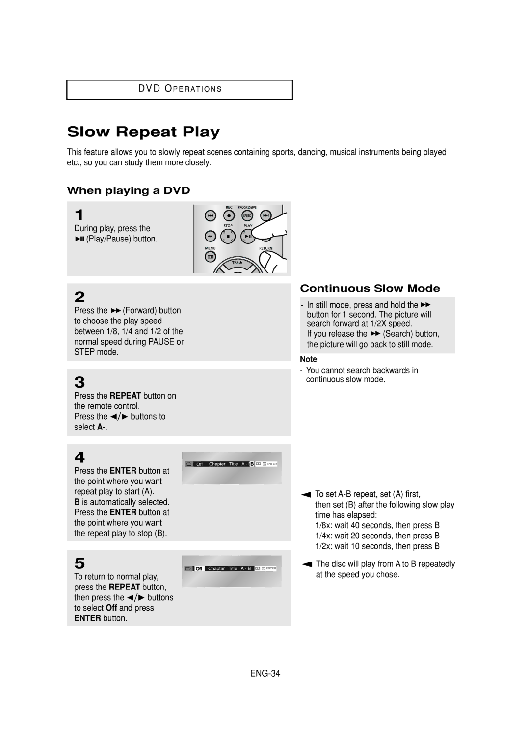 Samsung DVD-V6700 instruction manual Slow Repeat Play, When playing a DVD, Continuous Slow Mode, ENG-34 