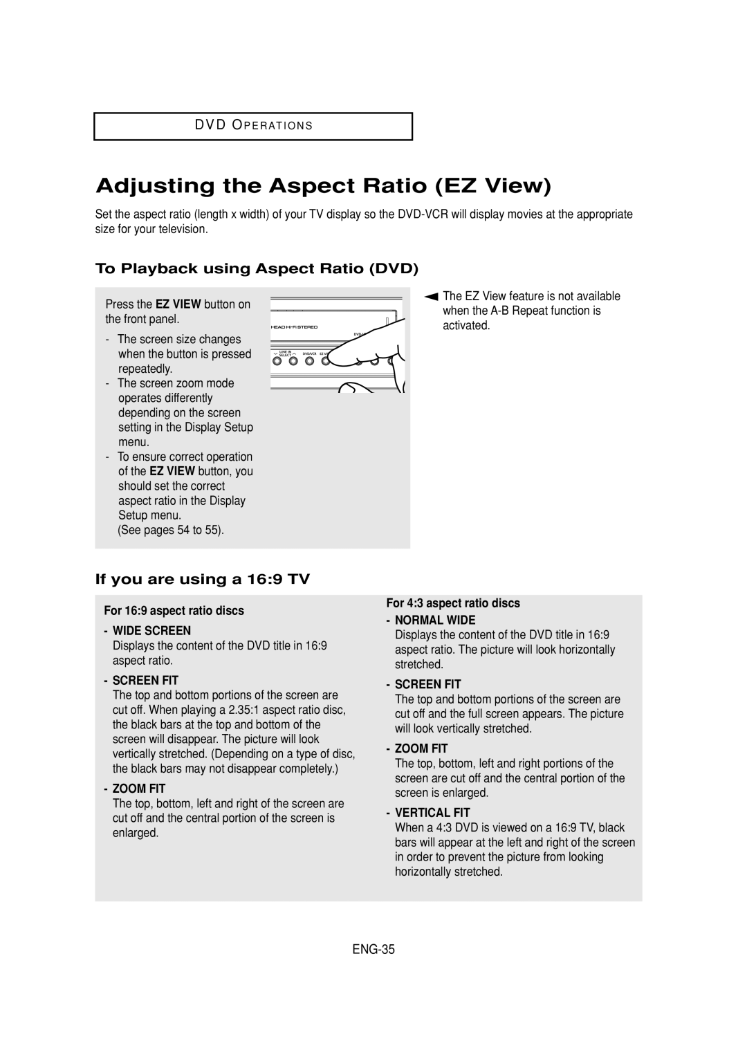 Samsung DVD-V6700 Adjusting the Aspect Ratio EZ View, To Playback using Aspect Ratio DVD, If you are using a 169 TV 