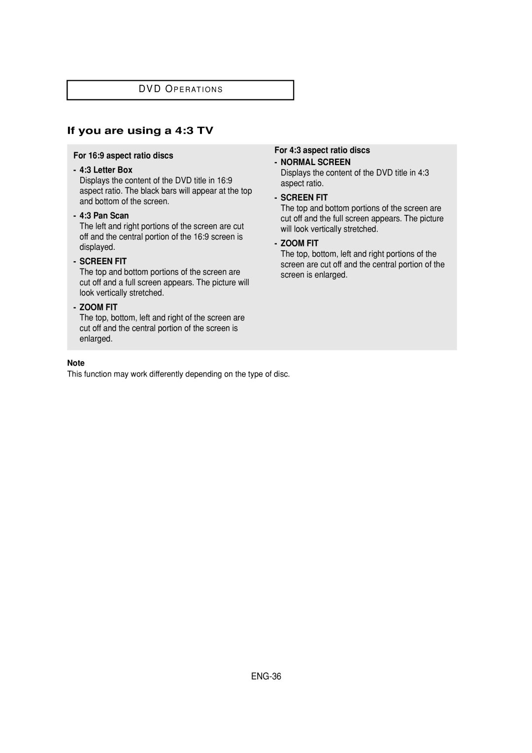 Samsung DVD-V6700 instruction manual If you are using a 43 TV, ENG-36, For 169 aspect ratio discs Letter Box, Pan Scan 