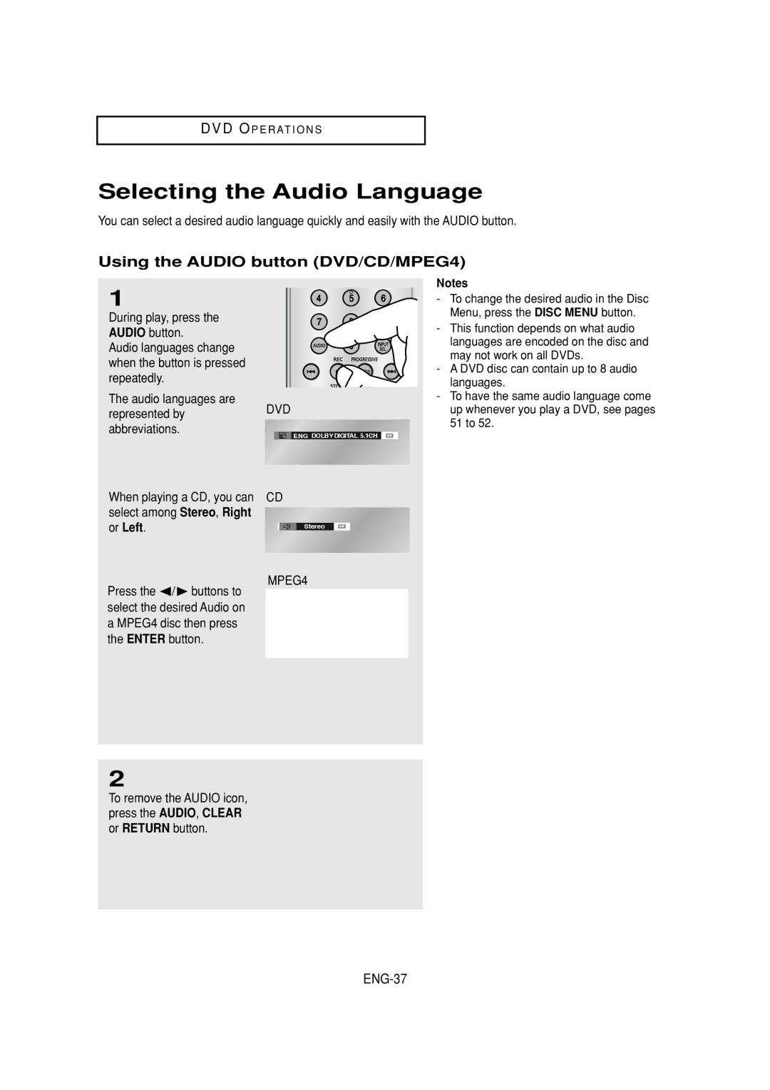 Samsung DVD-V6700 instruction manual Selecting the Audio Language, Using the Audio button DVD/CD/MPEG4, ENG-37 