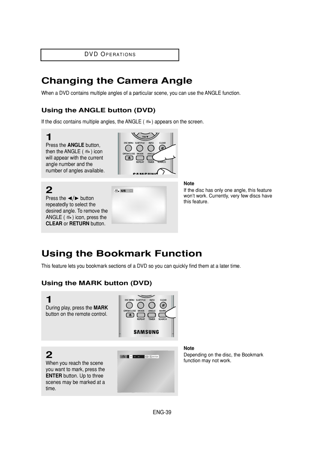 Samsung DVD-V6700 Changing the Camera Angle, Using the Bookmark Function, Using the Angle button DVD, ENG-39 