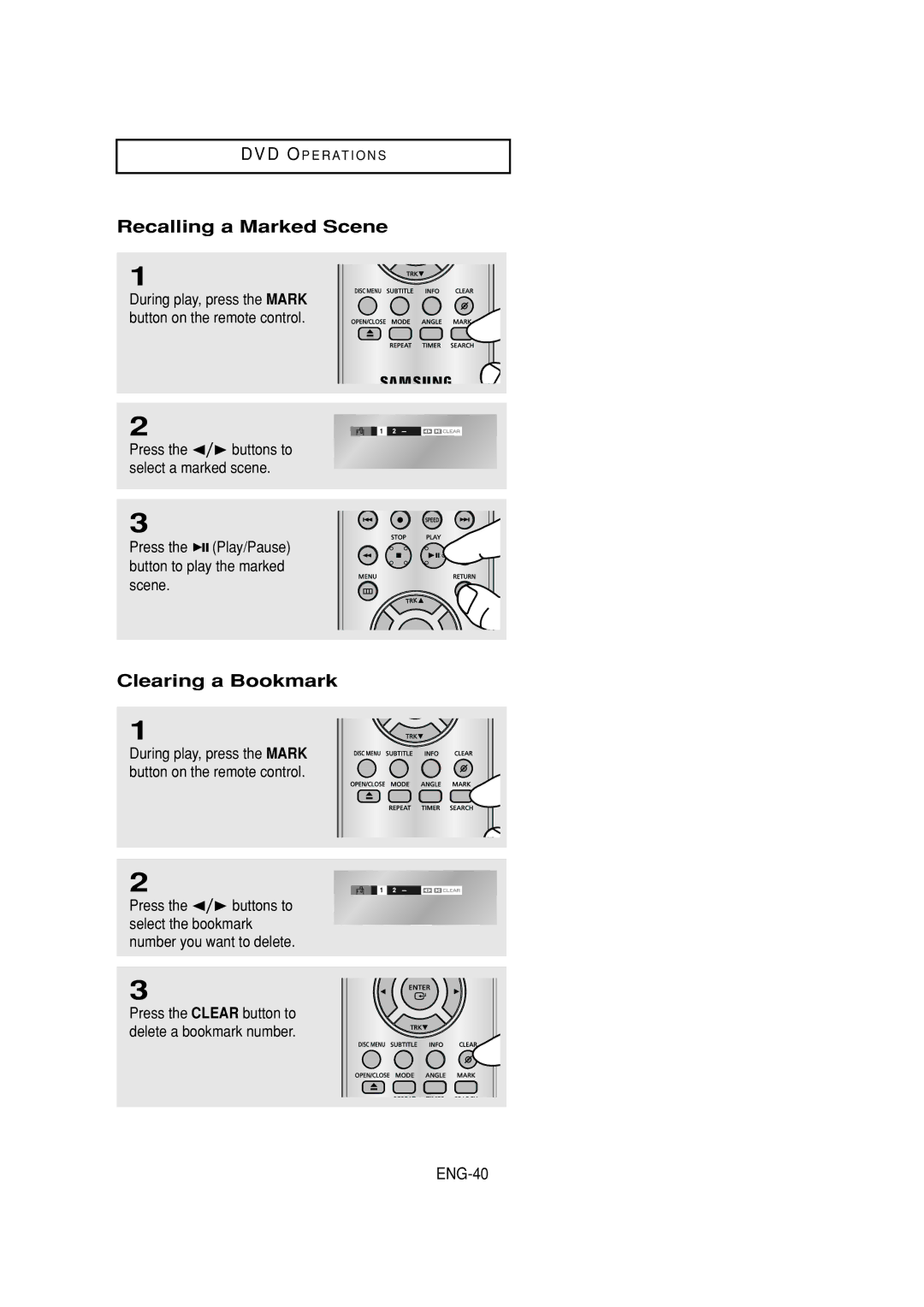 Samsung DVD-V6700 instruction manual Recalling a Marked Scene, Clearing a Bookmark, ENG-40 