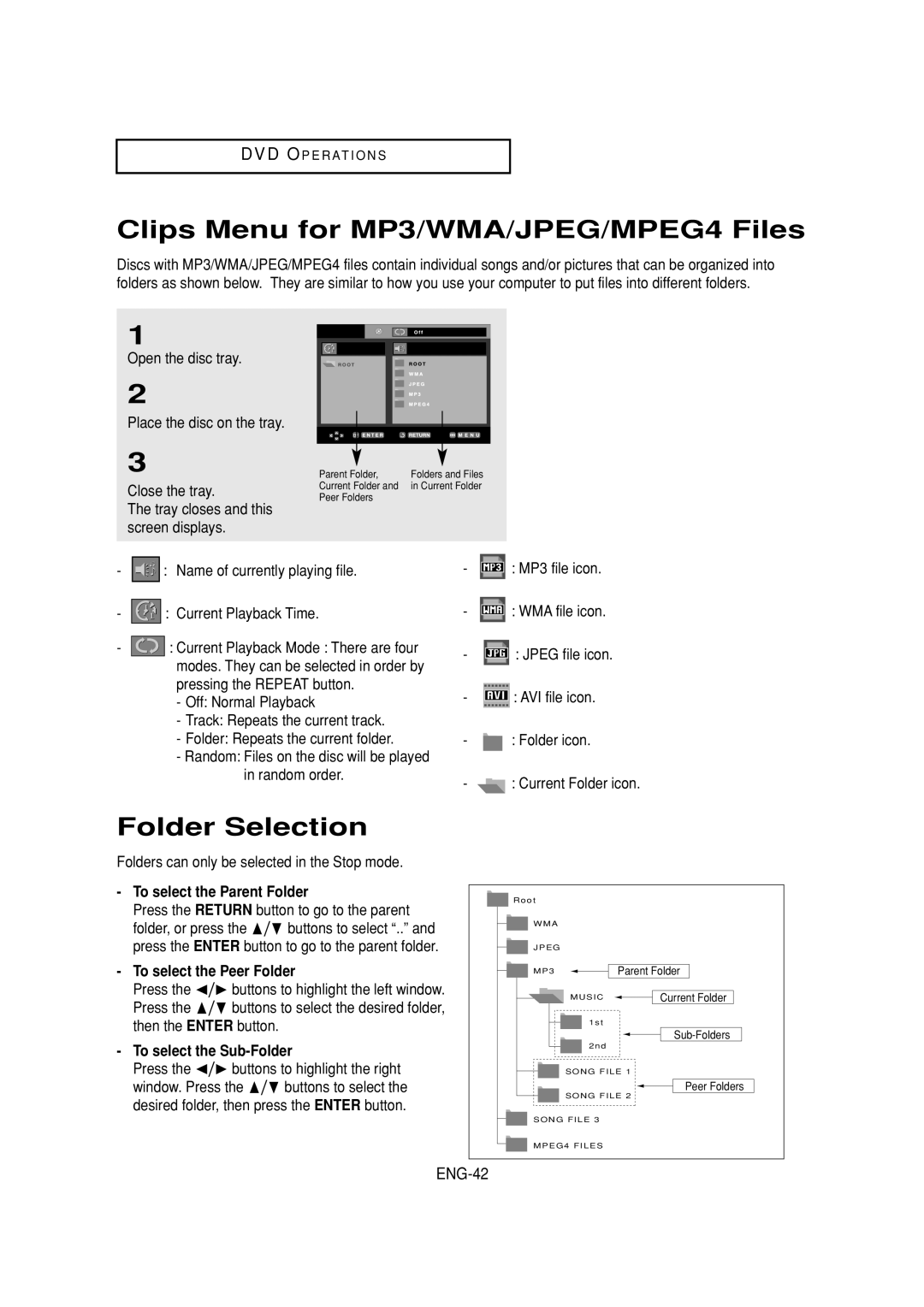 Samsung DVD-V6700 instruction manual Clips Menu for MP3/WMA/JPEG/MPEG4 Files, Folder Selection, ENG-42 