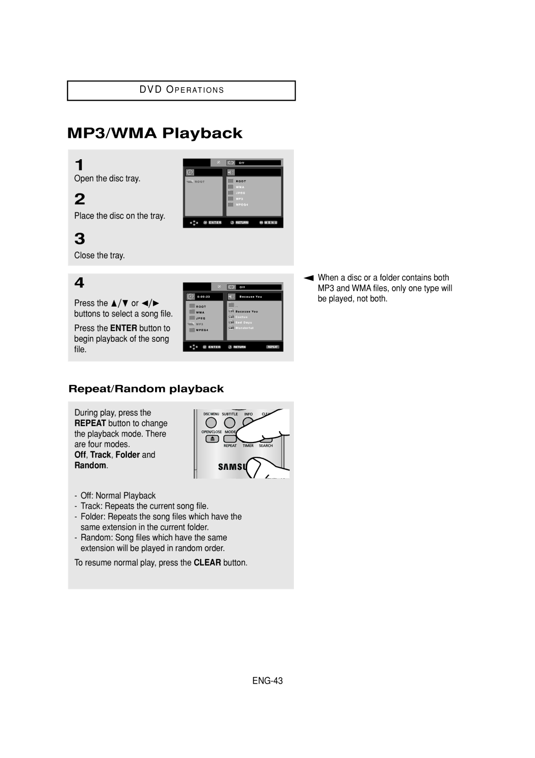 Samsung DVD-V6700 instruction manual MP3/WMA Playback, Repeat/Random playback, ENG-43, Off, Track, Folder Random 