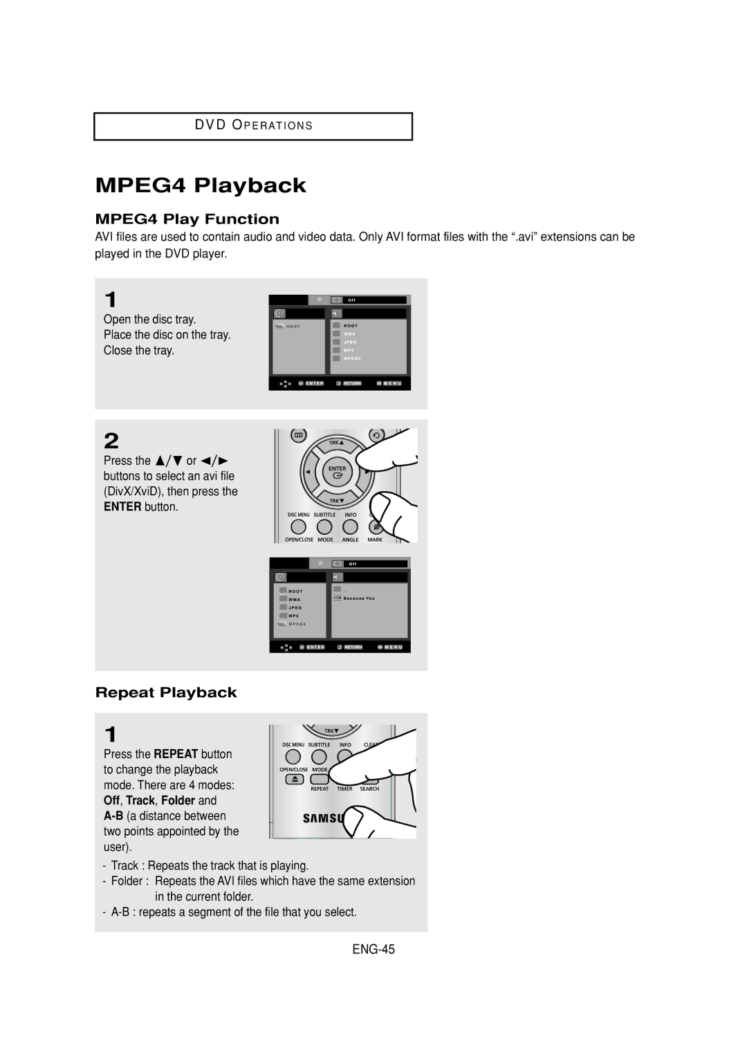 Samsung DVD-V6700 instruction manual MPEG4 Playback, MPEG4 Play Function, Repeat Playback, ENG-45 