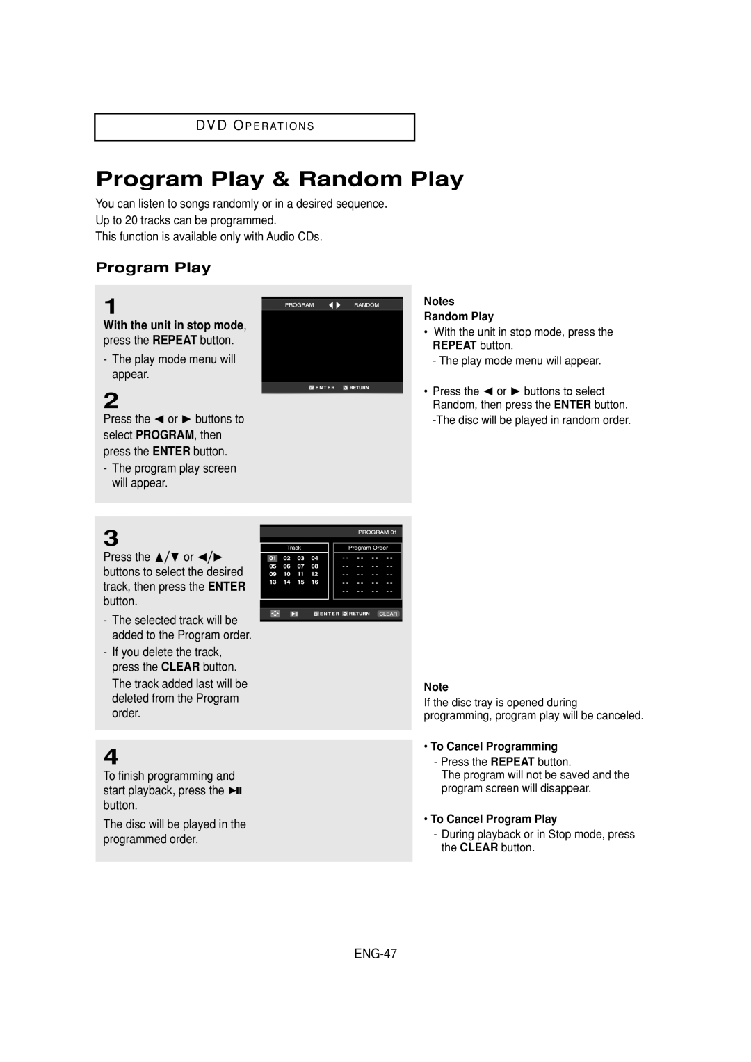 Samsung DVD-V6700 instruction manual Program Play & Random Play, ENG-47 