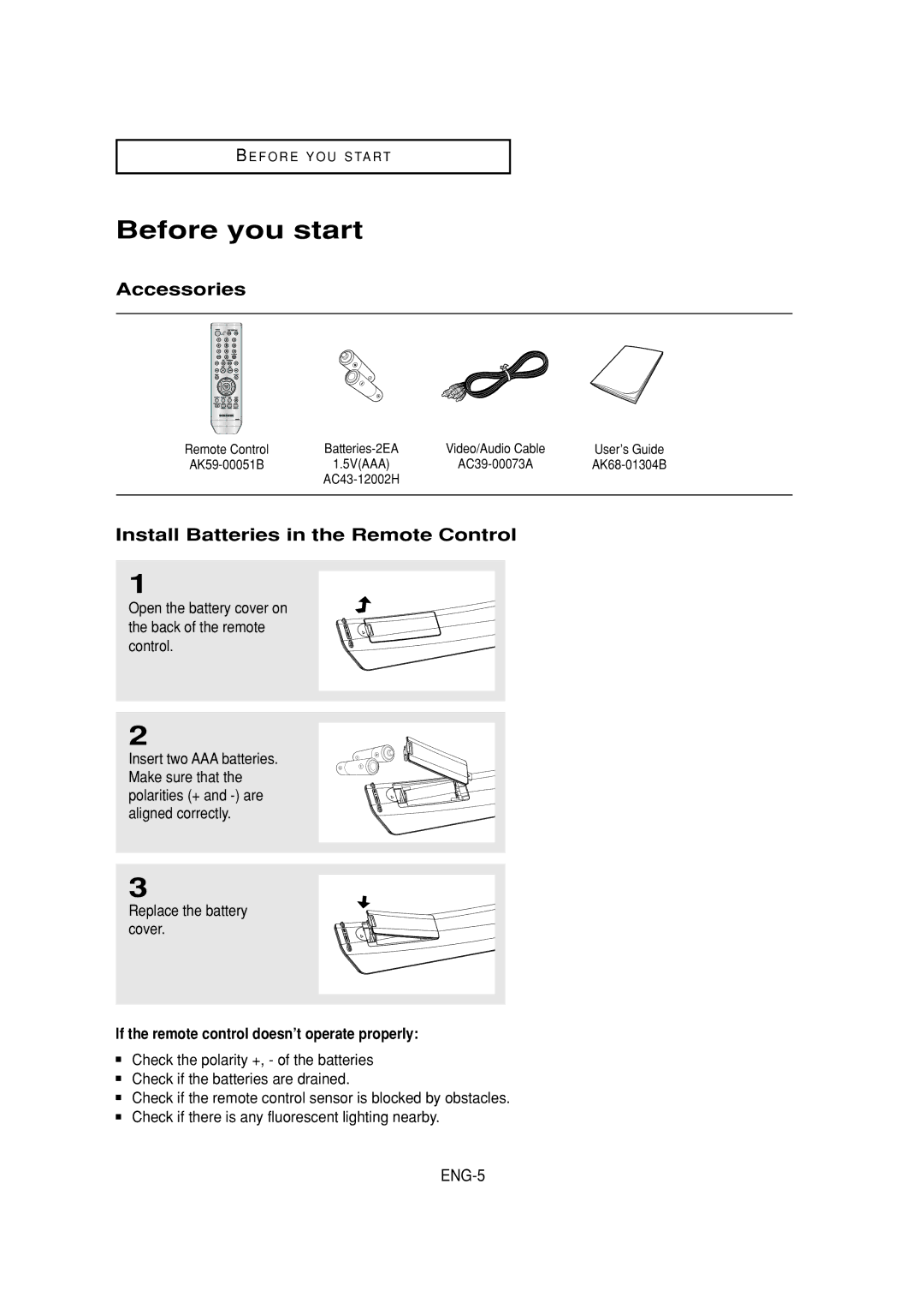 Samsung DVD-V6700 instruction manual Before you start, Accessories, Install Batteries in the Remote Control 