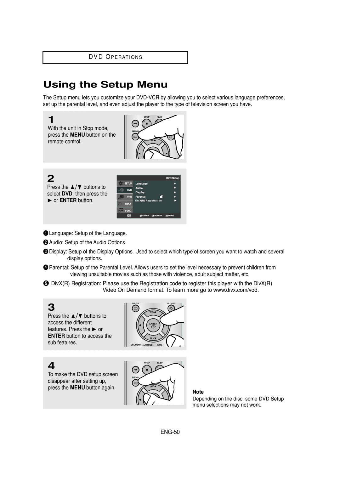 Samsung DVD-V6700 instruction manual Using the Setup Menu, ENG-50,  or Enter button 