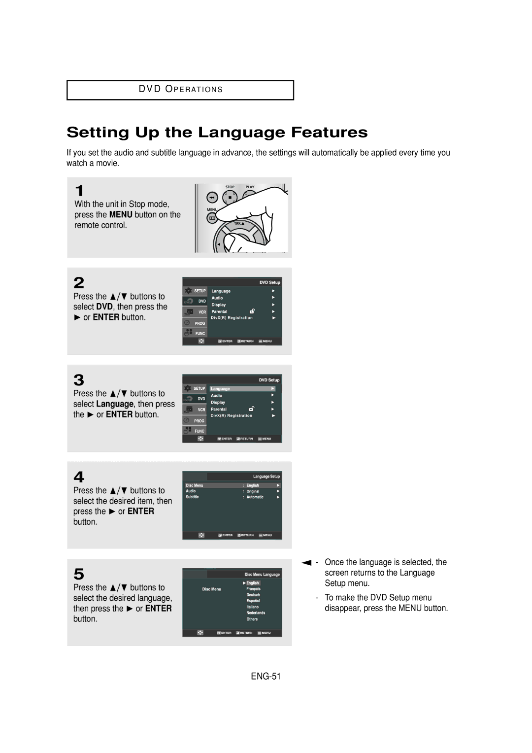 Samsung DVD-V6700 instruction manual Setting Up the Language Features, ENG-51, Screen returns to the Language, Setup menu 