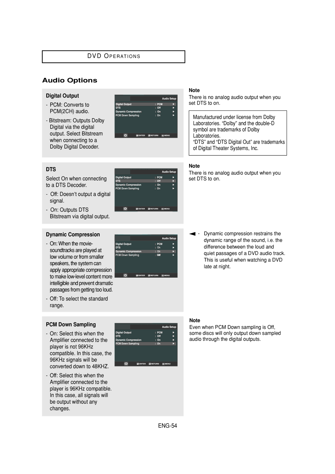 Samsung DVD-V6700 instruction manual Audio Options, ENG-54, Digital Output, PCM Down Sampling 